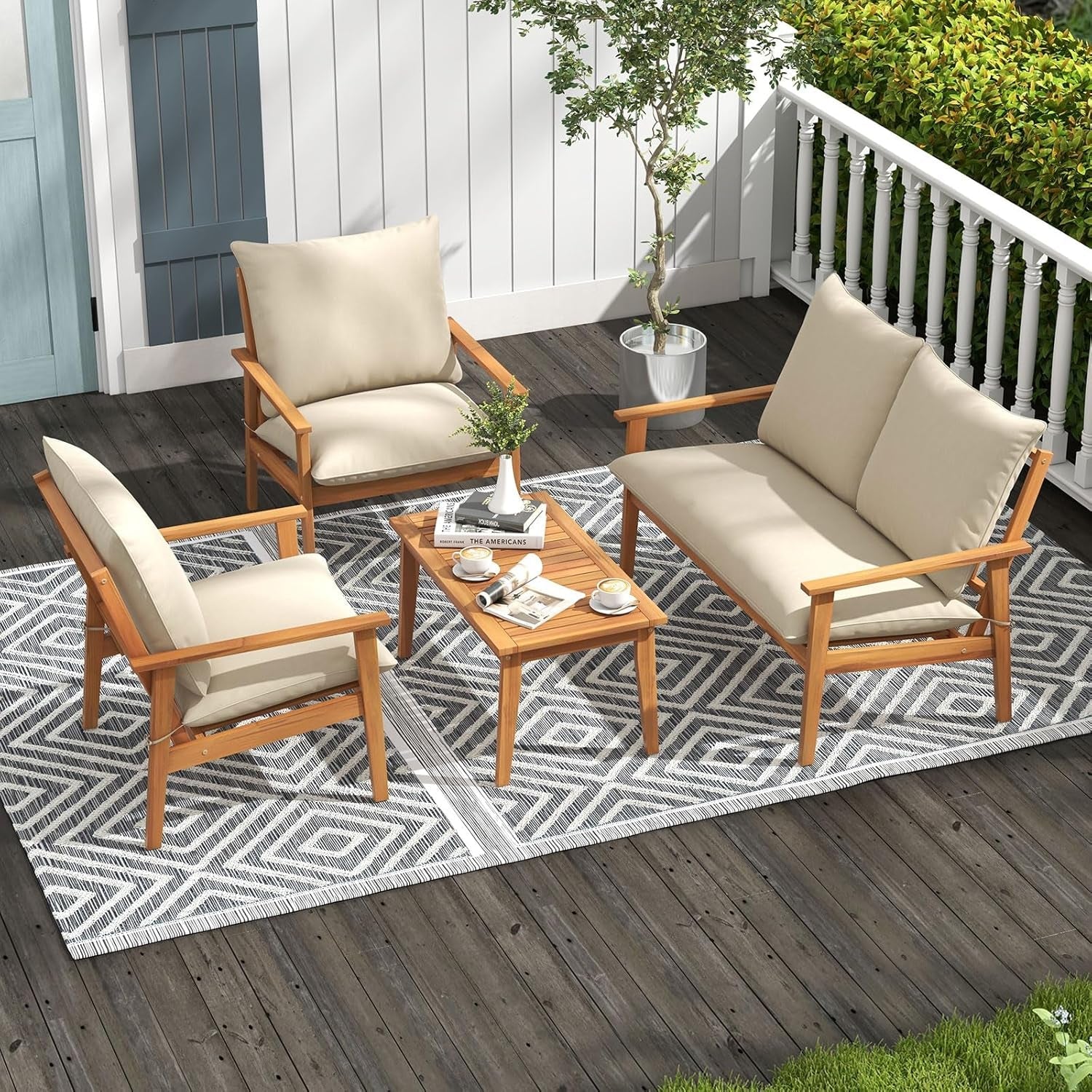 Outdoor Acacia Wood Patio Set With Cushions And Coffee Table-3