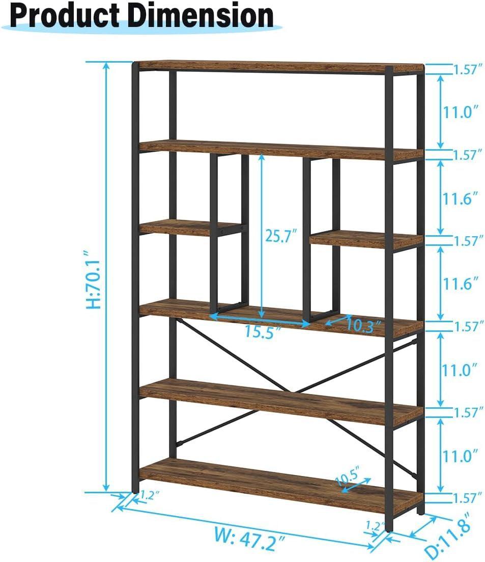 Rustic Industrial 6 Tier Brown Wood Metal Bookcase Unit-1