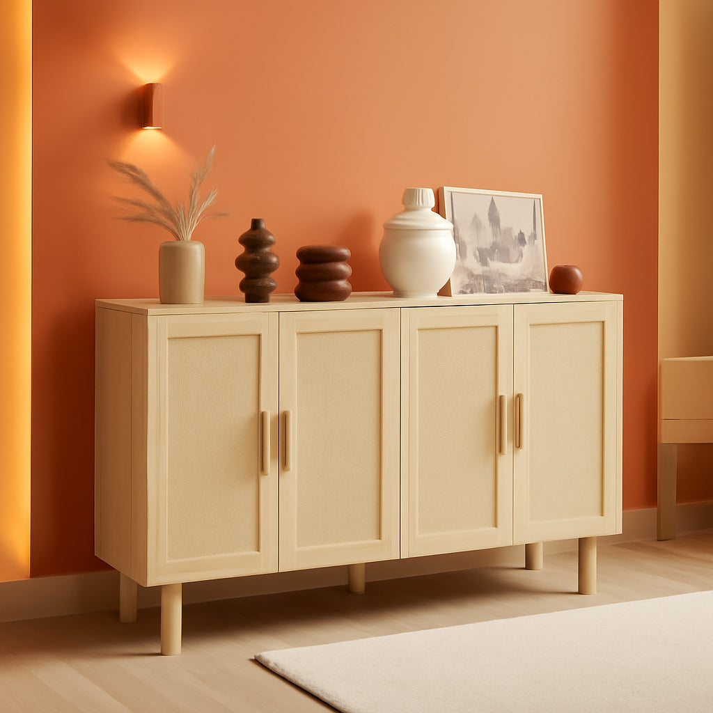 Sideboard Buffet Cabinet, Kitchen Cabinet, Coffee Bar Cabinet with 4 Rattan Doors and Adjustable Shelves, Natural-0