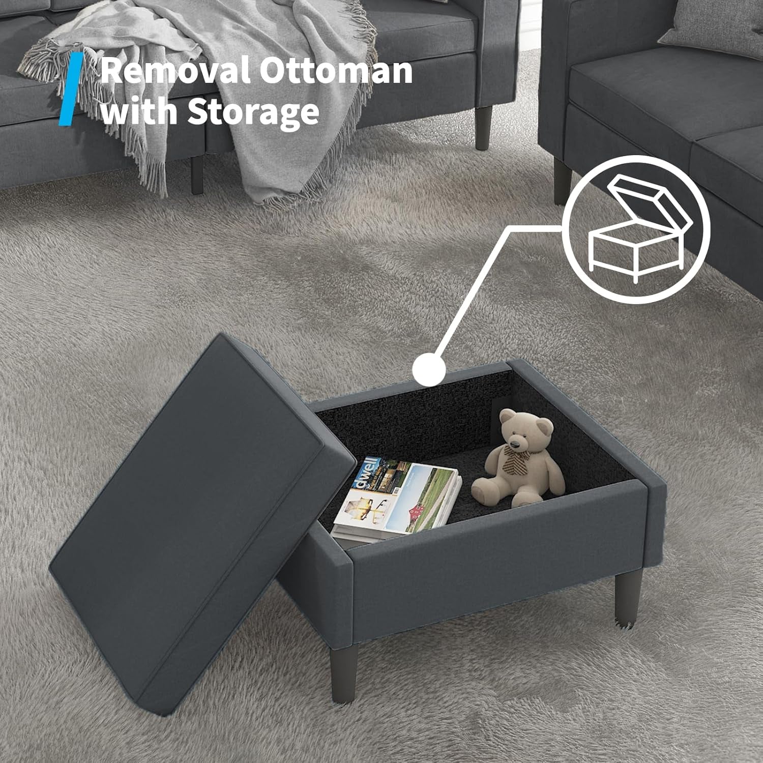 Convertible Sectional Sofa Sets, Modern Linen Fabric 3 Seater L-Shaped Sofa with Storage Ottoman, Wooden Sofa Couch Legs, Reversible Chaise Chair for Living Room, Studio, Apartment - Dark Grey-2