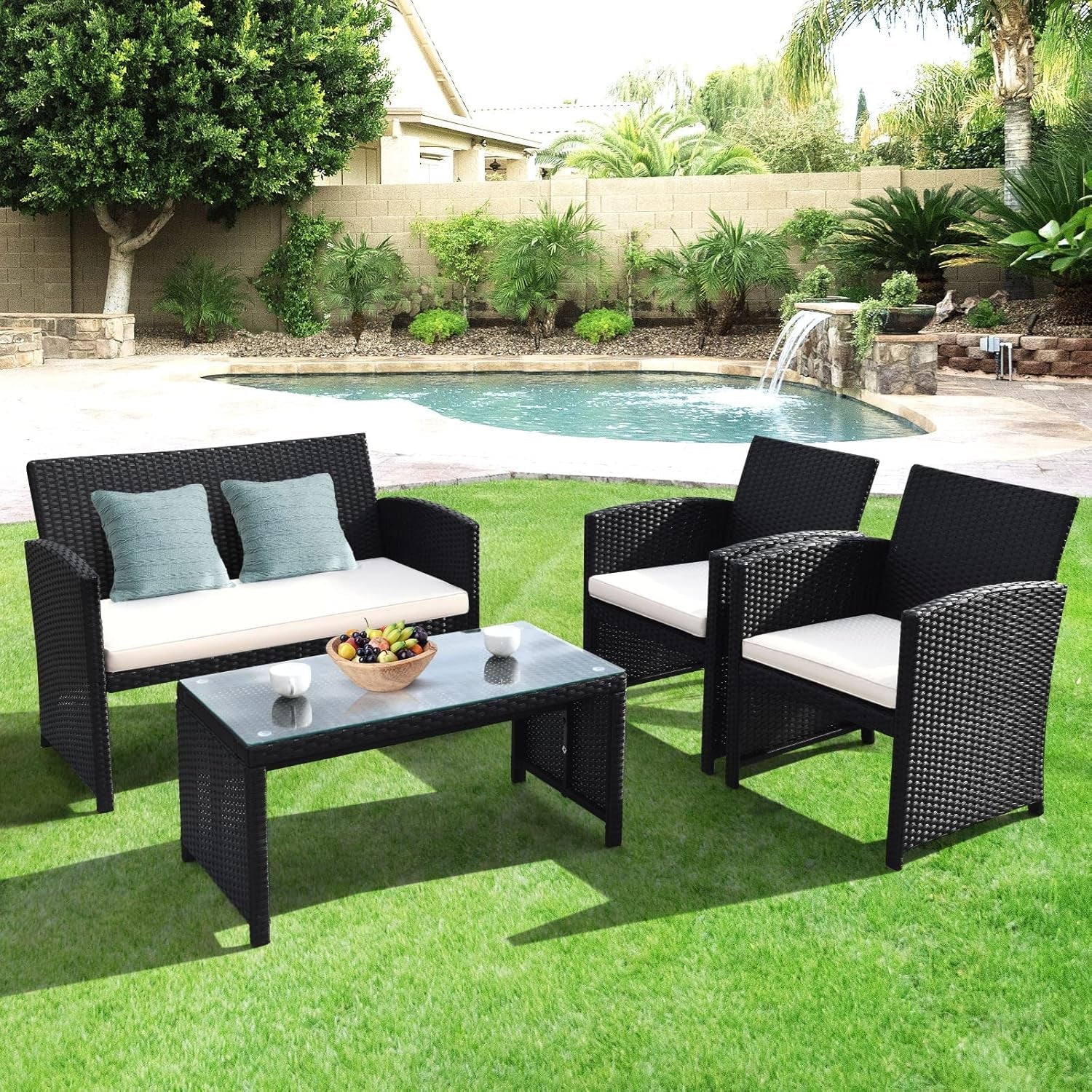 Rattan Outdoor Patio Furniture Set 4 Piece White Cushions-3