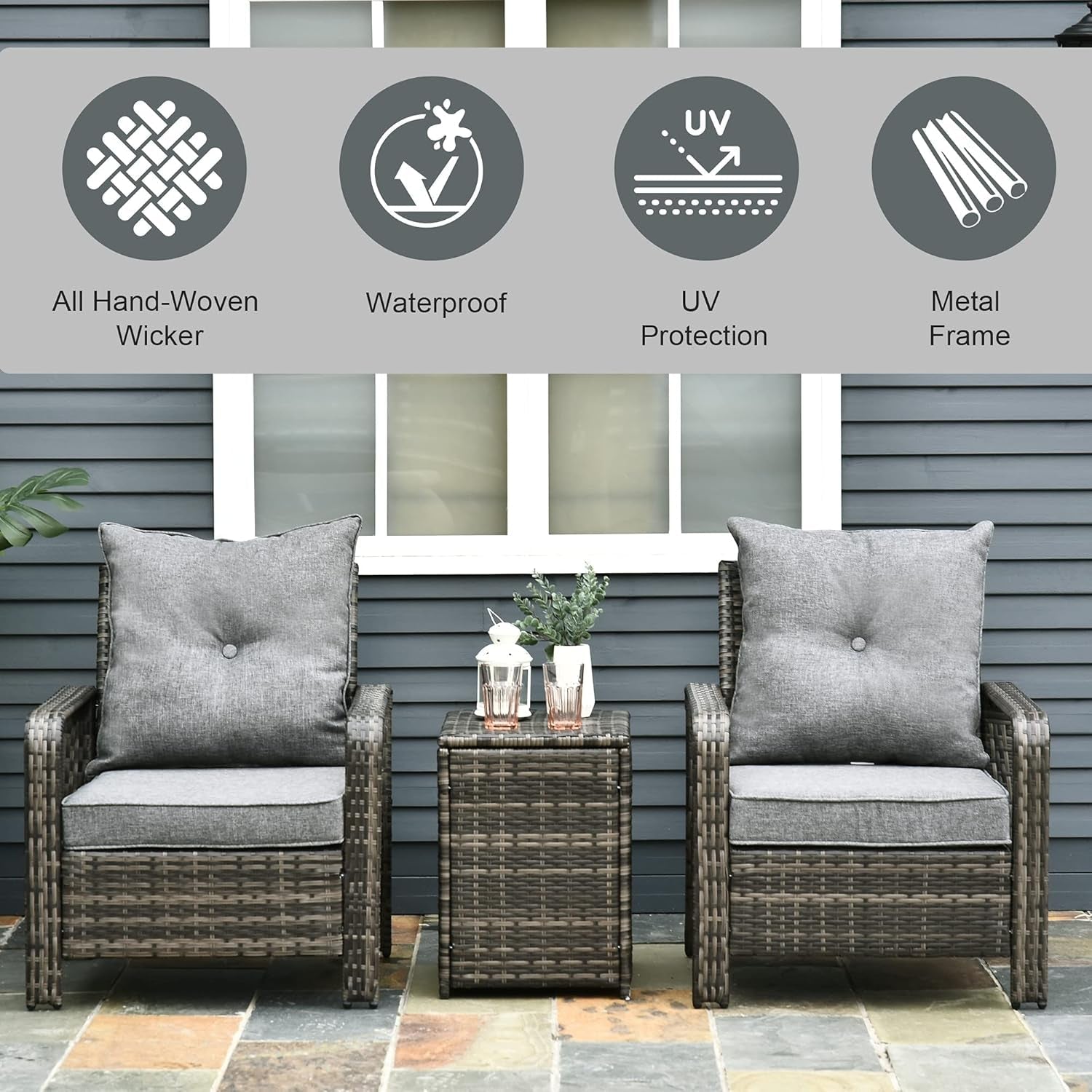 Three Piece Patio Furniture Set with Cushions and Table-2