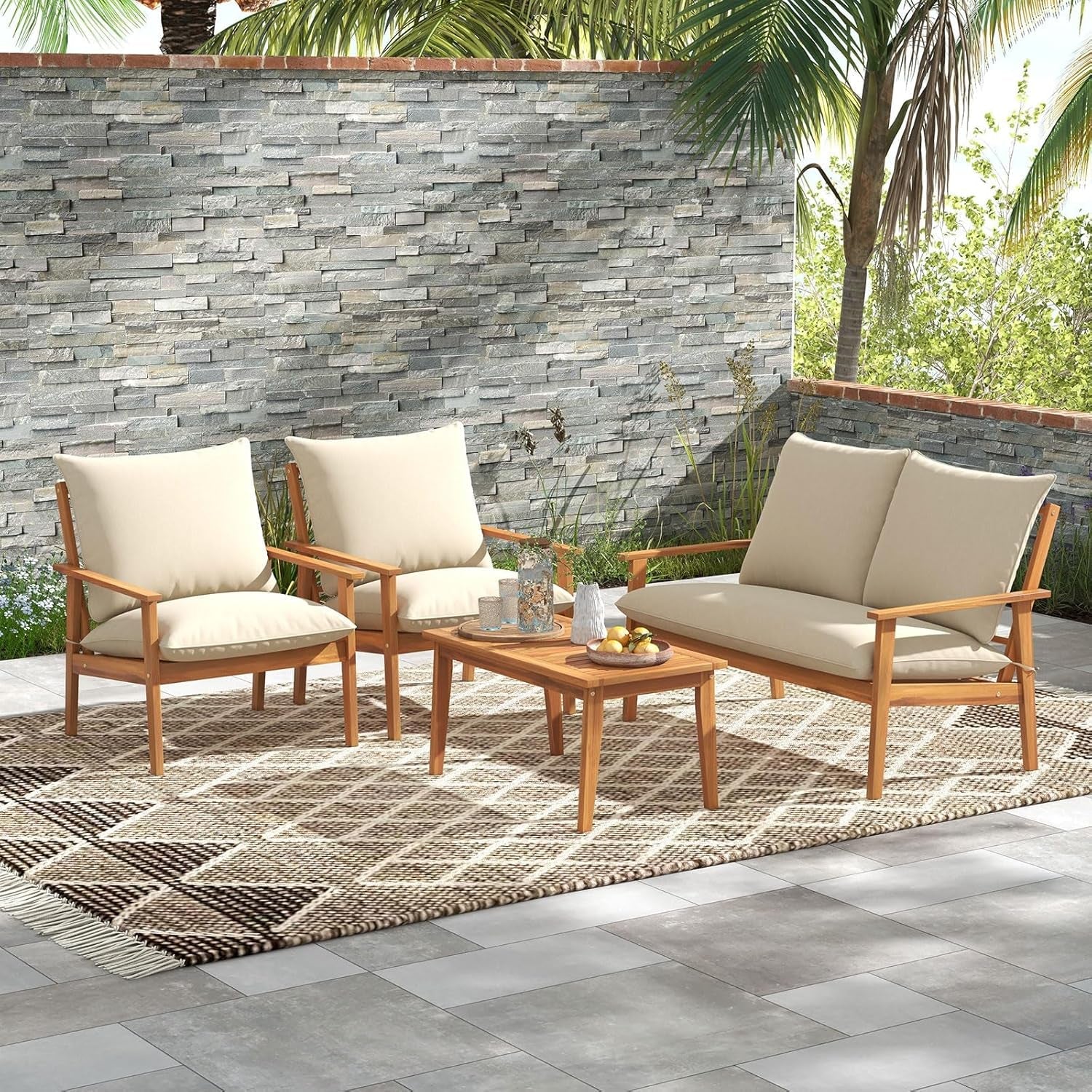 Outdoor Acacia Wood Patio Set With Cushions And Coffee Table-1