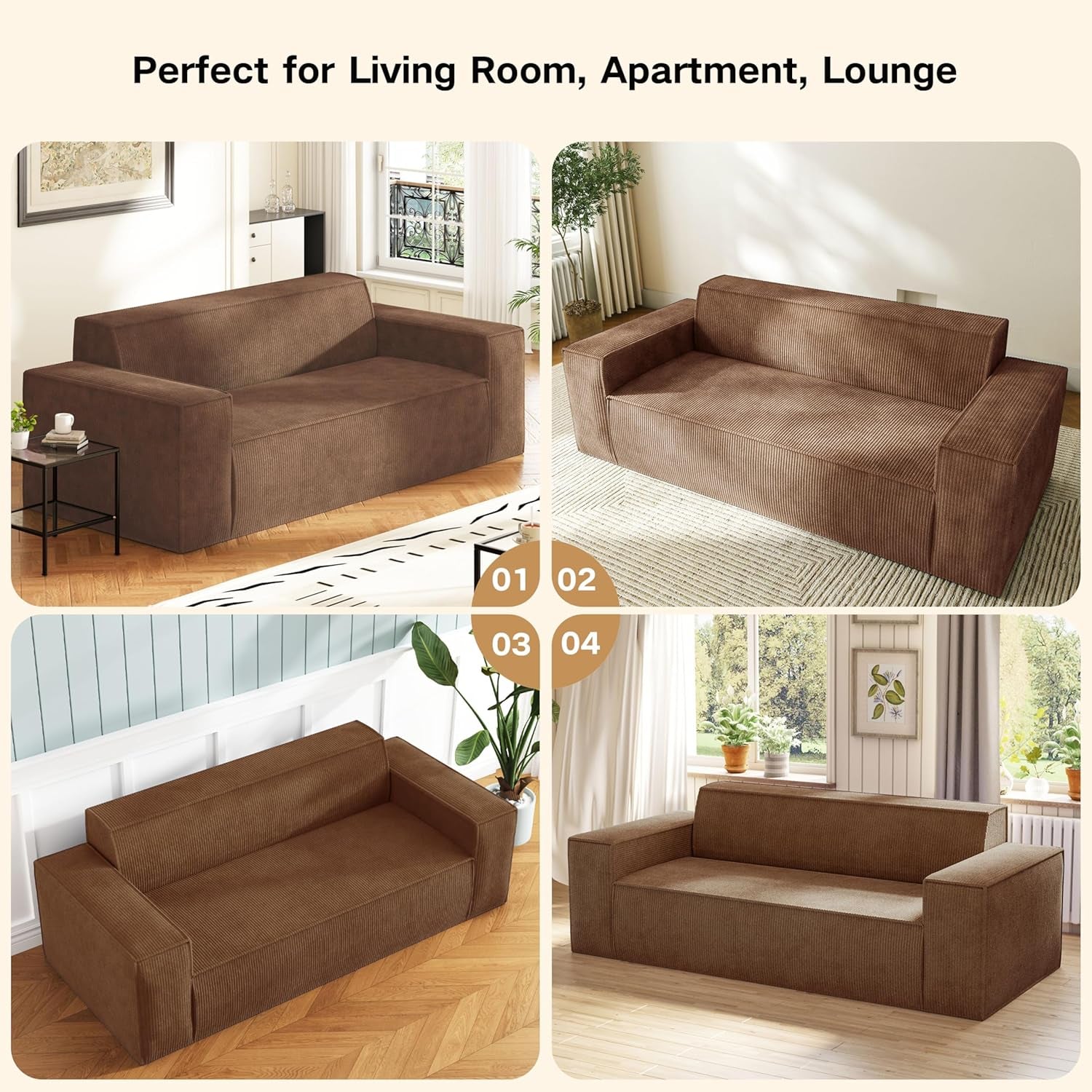 Sofa-In-A-Box, Memory Foam 3-Seater Couch, No Installation & Easy to Transport, Deep Seat Modern Sofa with Corduroy Fabric, Couch for Living Room, Bedroom, Apartment, Home Office, Brown-4