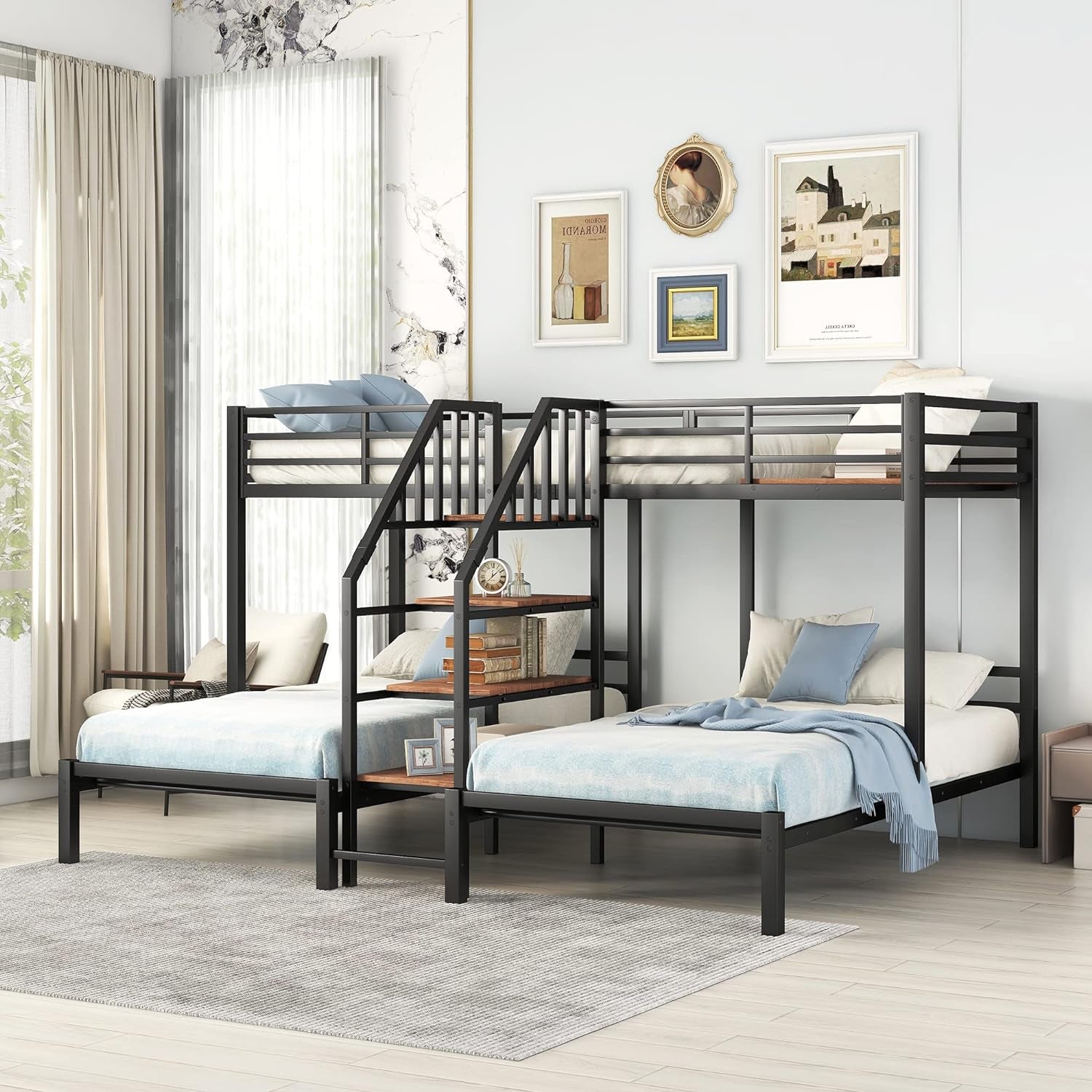 Metal Triple Bunk Bed with Stairs, 3 Beds Bunk Bed, Twin over Twin & Twin Bunk Bed with Storage Shelves Staircase, for Kids Teens Adults, Black-3