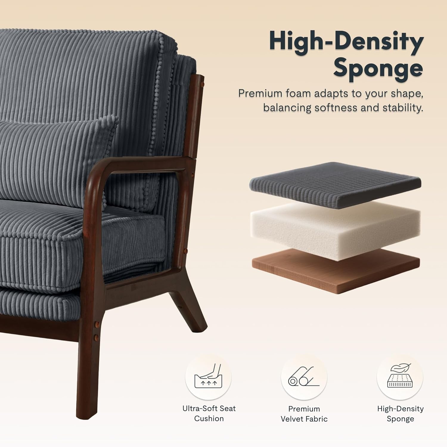 Grey Mid Century Accent Chair With Wood Frame Comfortable-2