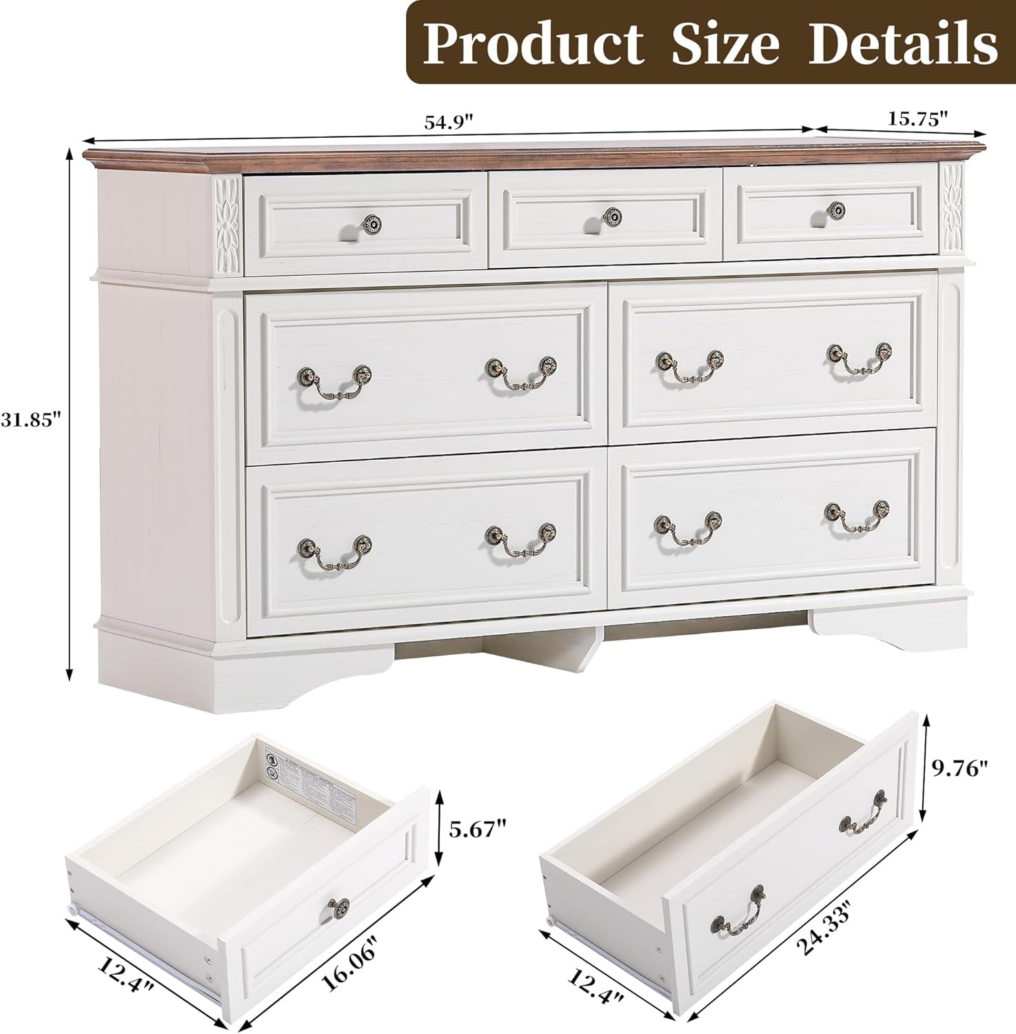 White Fluted Dresser Country style Seven Drawers Storage-1