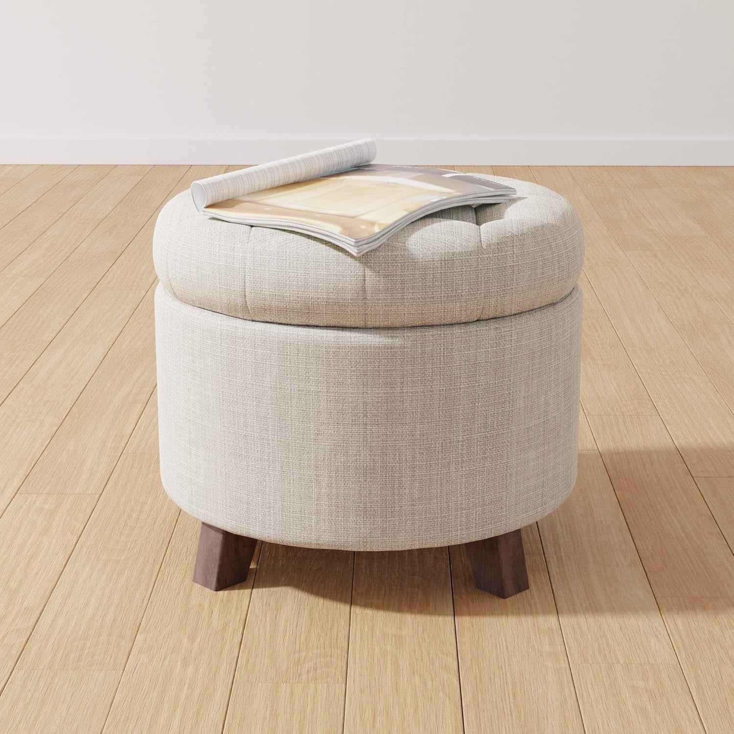 Beige Linen Round Storage Ottoman Featuring Tufting-1