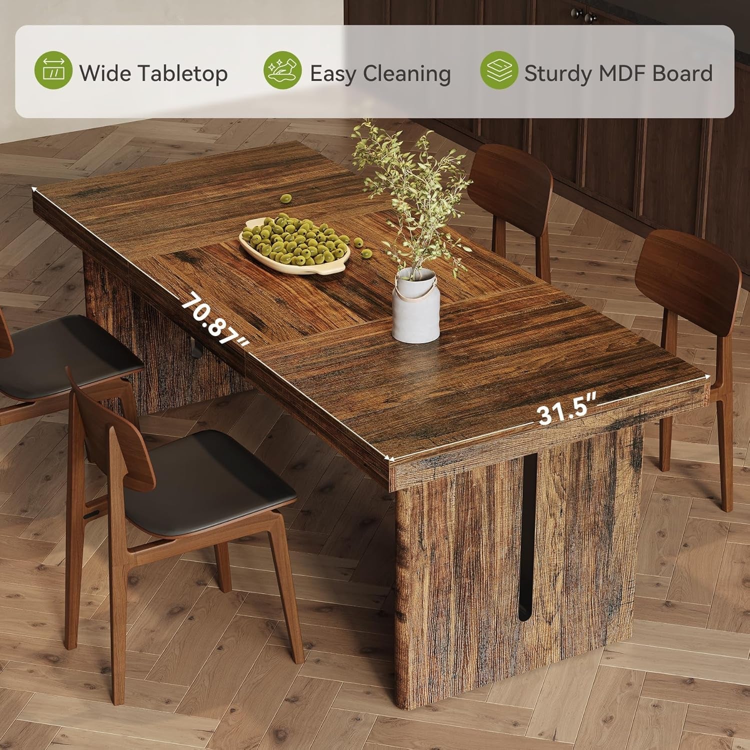 70.8 Inches DeepBrown Rustic Farmhouse Dining Table-2