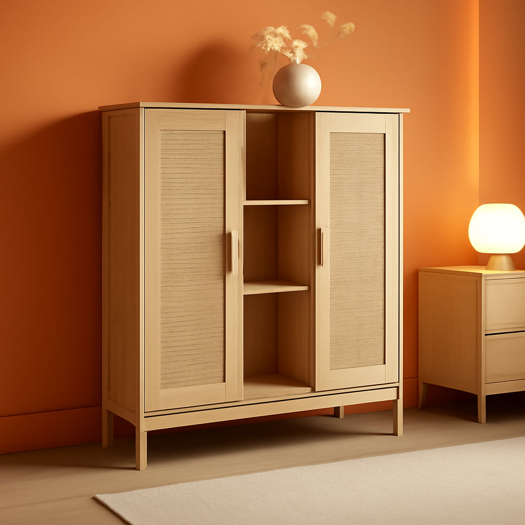 Storage Cabinet, Rattan Cabinet with 4 Adjustable Shelves, Coffee Bar Cabinet, Sideboard Buffet Cabinet for Kitchen, Living Room, Entryway, Natural-0