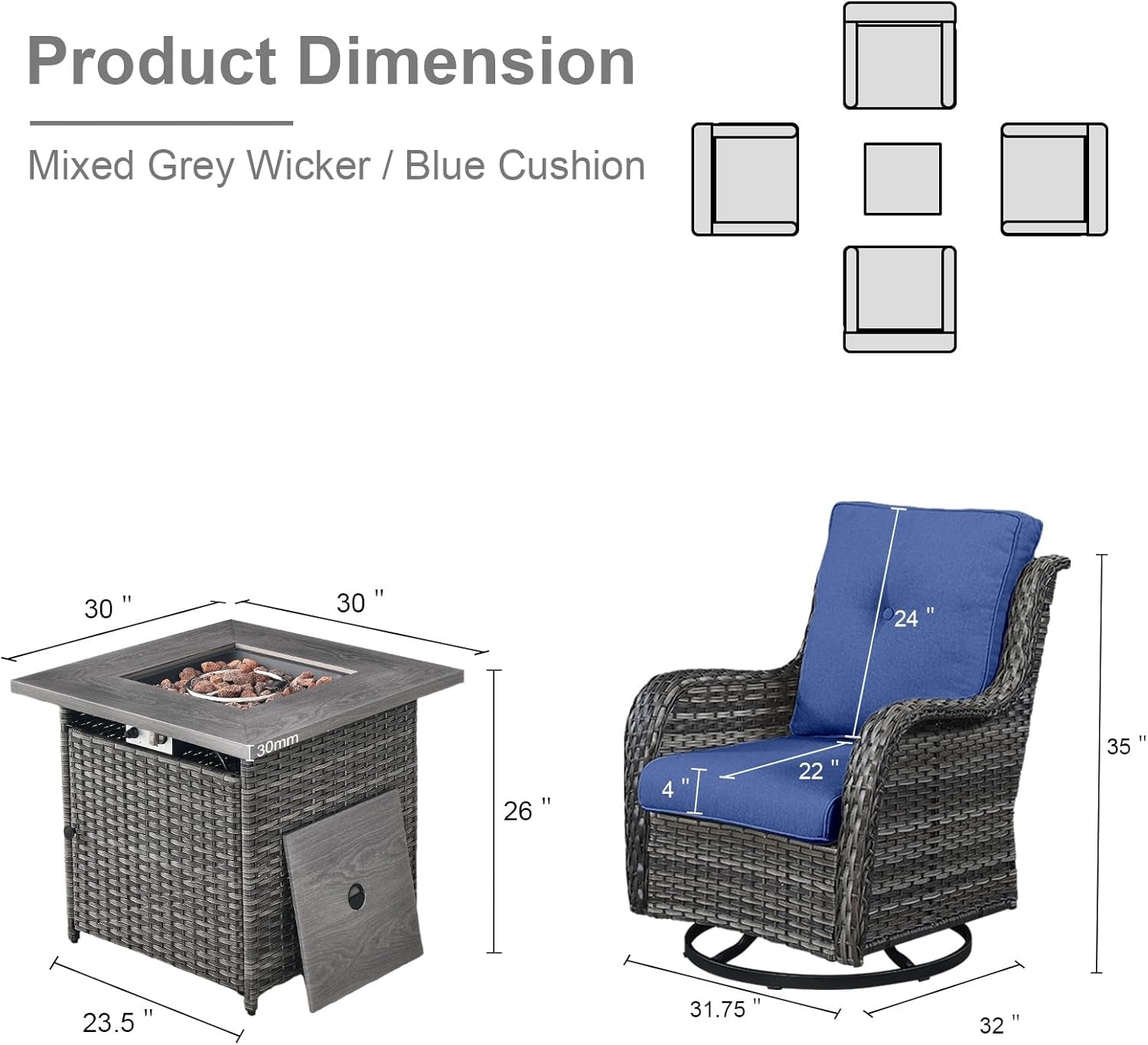 5 Piece Patio Wicker Set With Propane Fire Pit Table-1