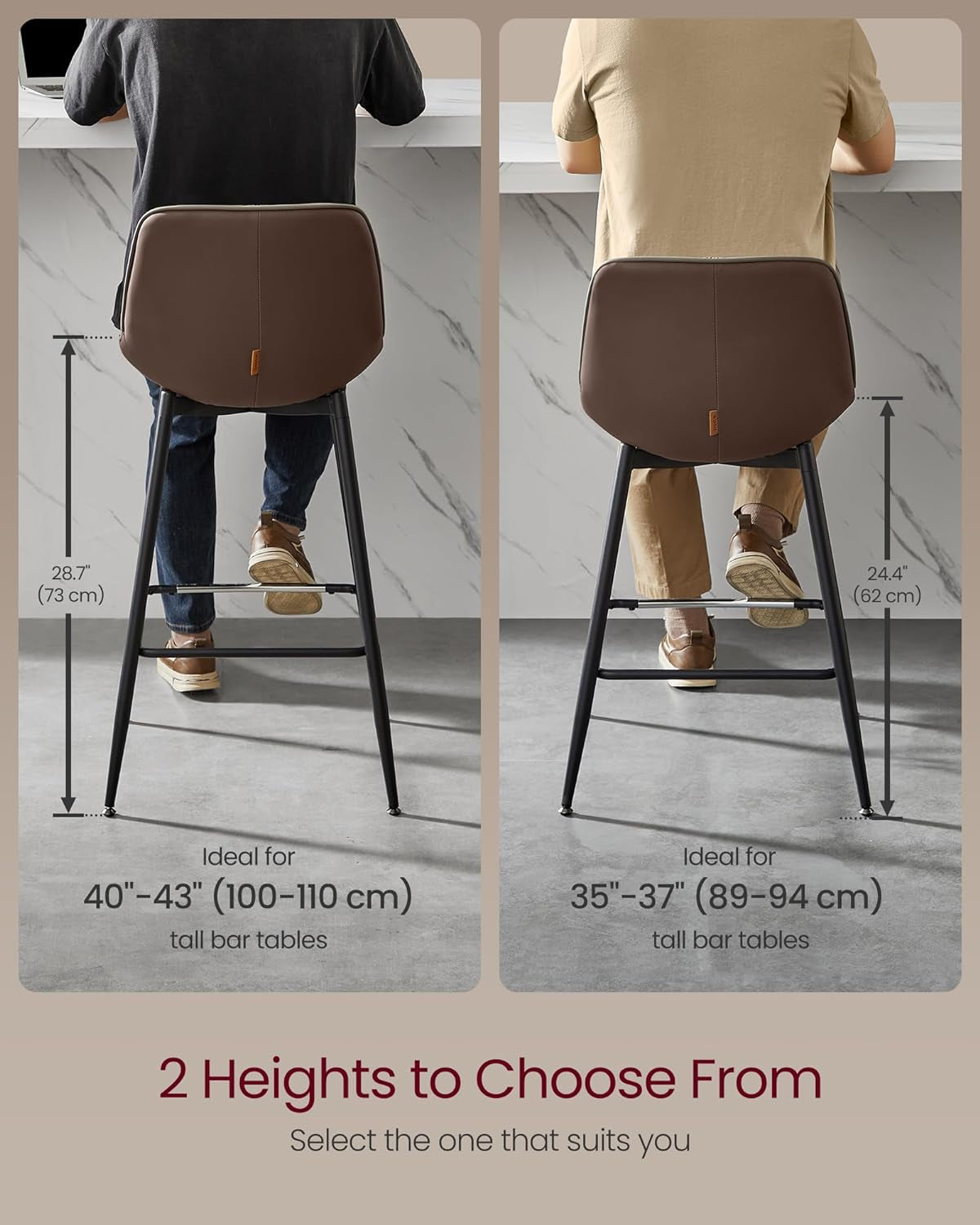 Bar Stools Set Of 2, 28.7 Inch Bar Height With Back, Coffee Brown-3