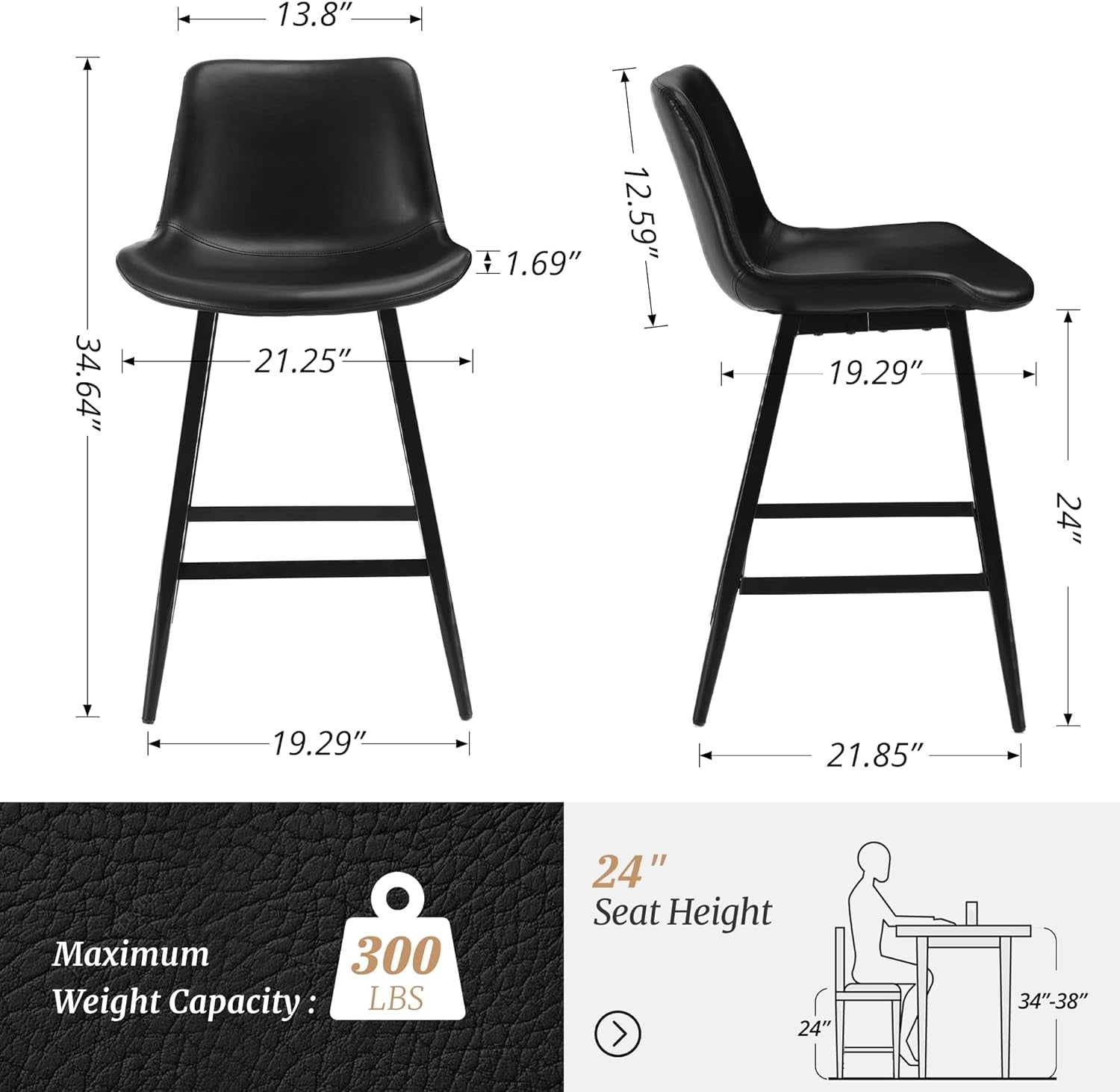 24 Inch Modern Bucket Bar Stool Set Of 3 With Back And Footrest In Faux Leather Black-1