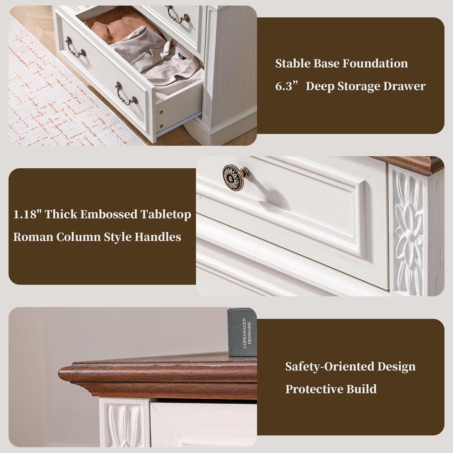 White Fluted Dresser Country style Seven Drawers Storage-4