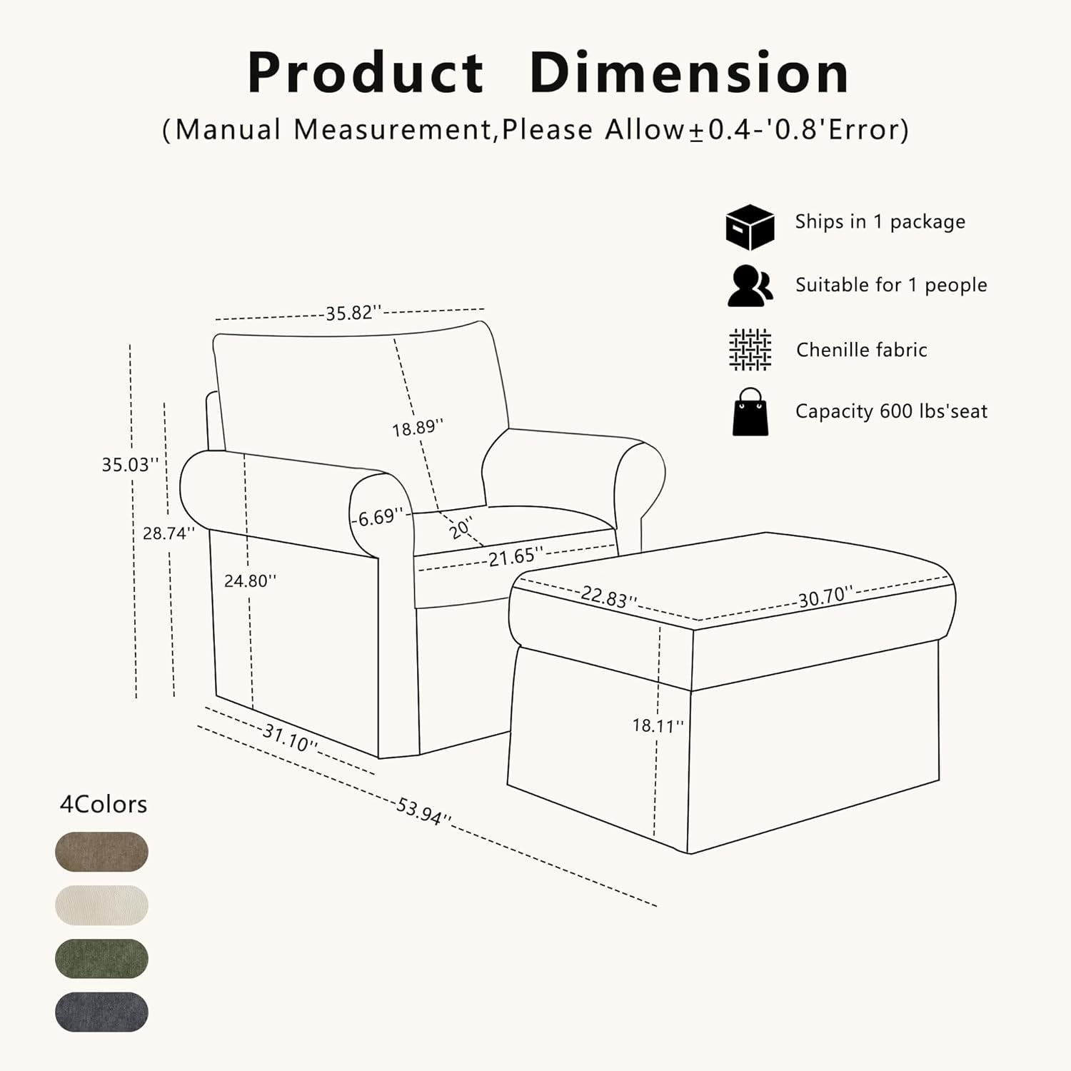 Gray 35 Inch Accent Chair With Ottoman And Chaise Lounge-1