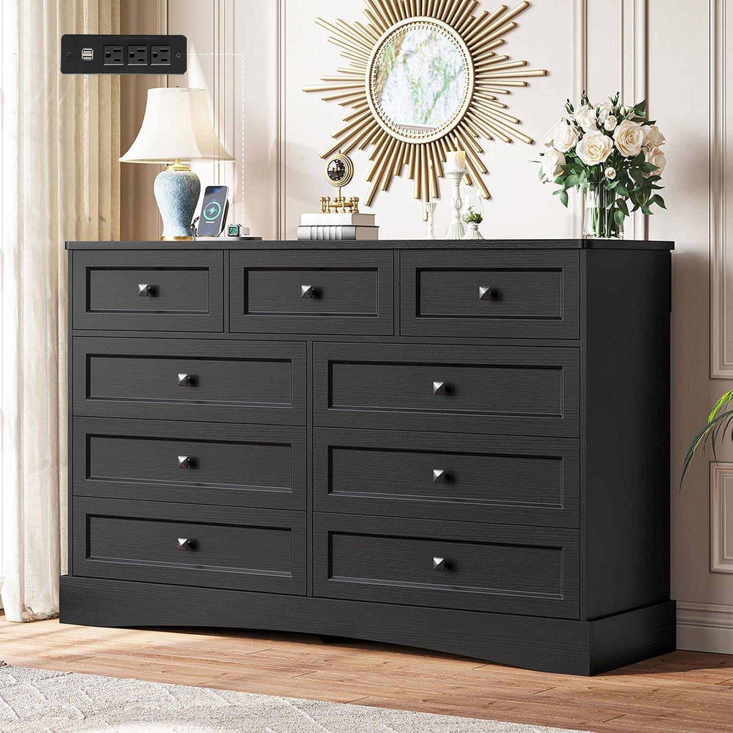 Black Dresser for Bedroom with 9 Drawers, 51.2" Large Drawer Dresser with Charging Station, Wide Farmhouse Dresser Chest of Drawers, Wooden Storage Tower Organizer, Dresser for Bedroom Closet-0