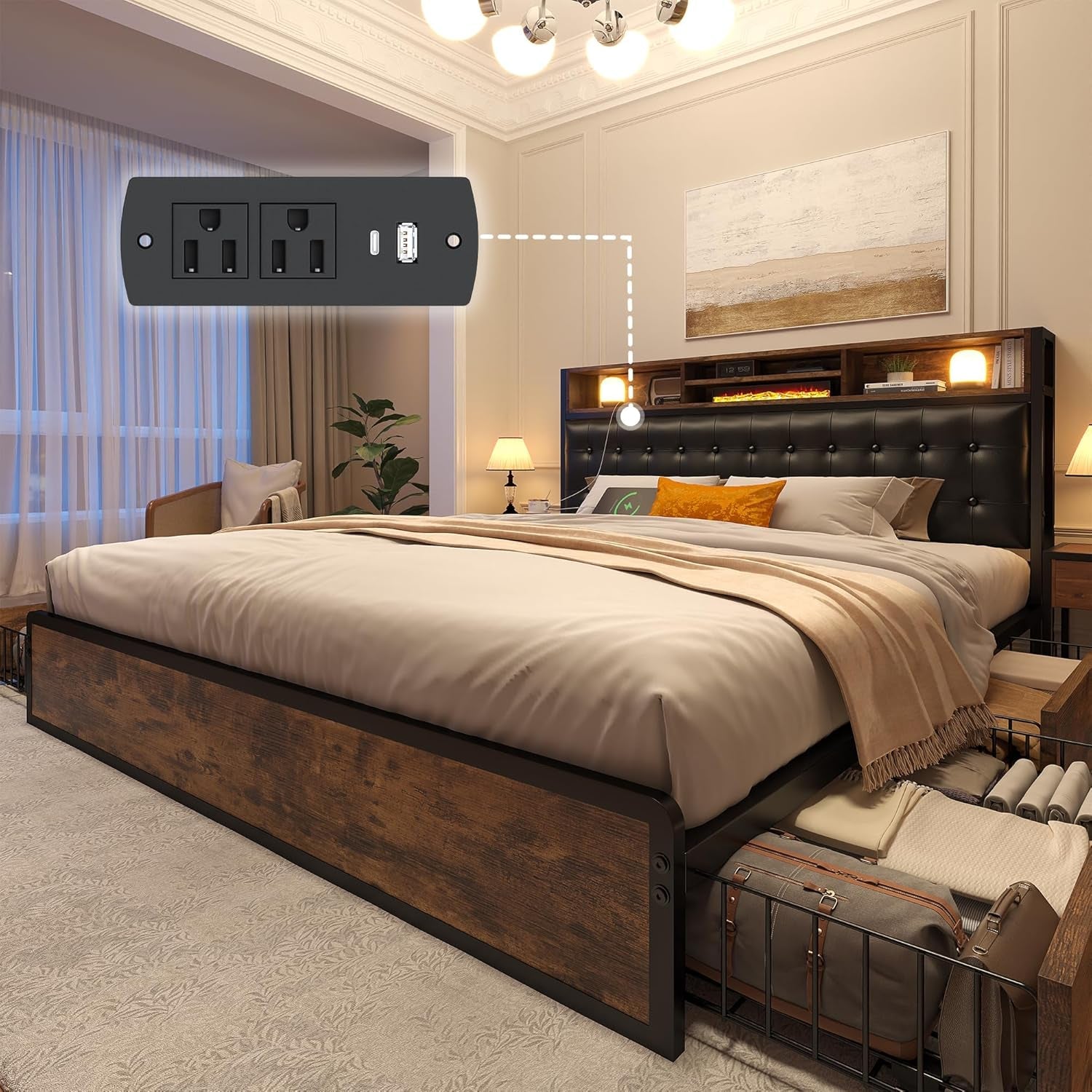 Queen Bed Frame with 4 Storage Drawers, Bed Frame Queen Size with Upholstered Headboard and Built in Charging Station, No Noise, Metal Support, No Box Spring Needed,Vintage Brown-0