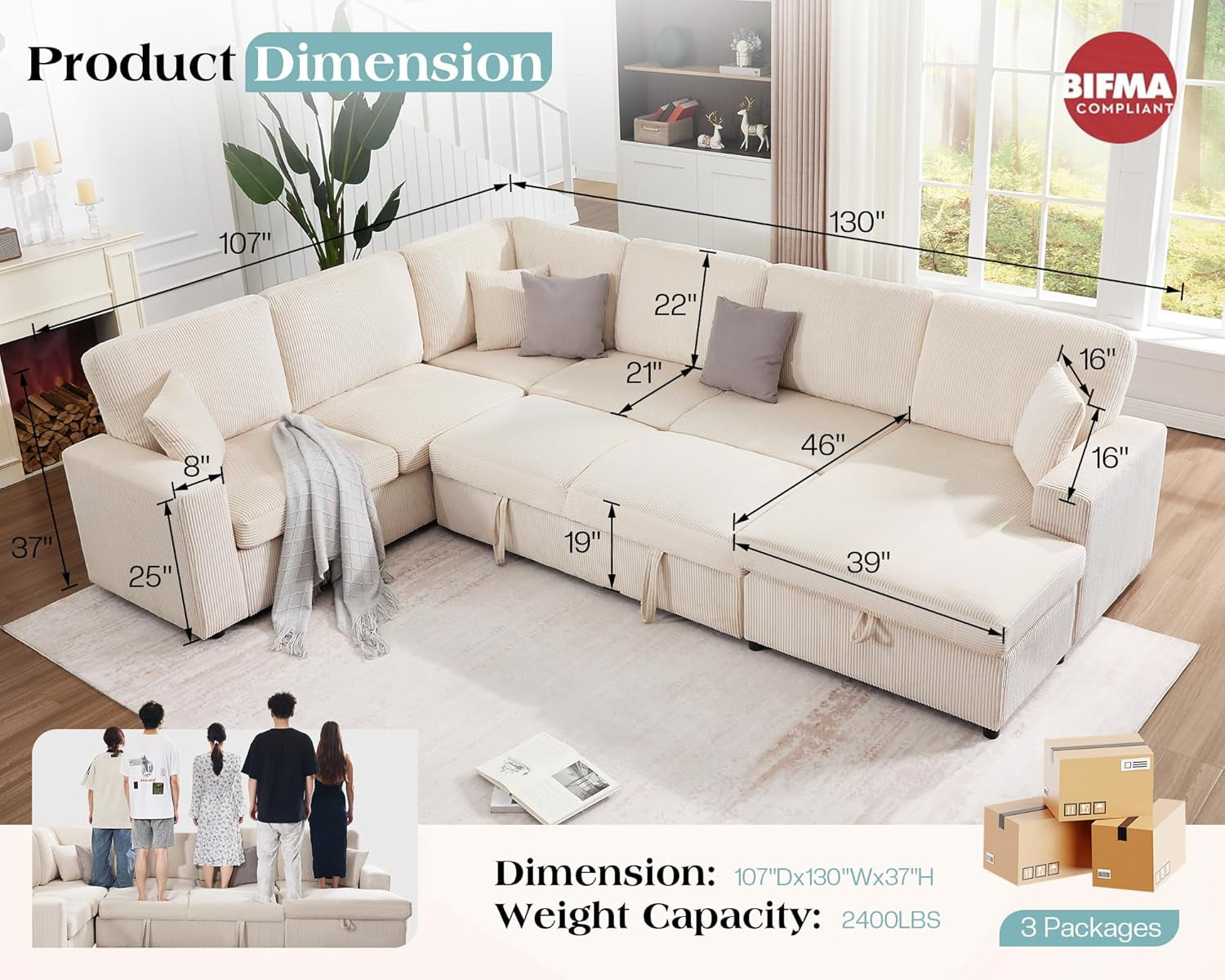 130 Inch Beige Corduroy Sectional Sofa Bed Storage Compartment-1