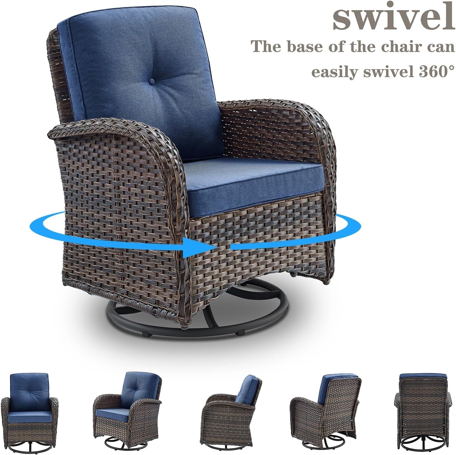 6 Piece Patio Conversation Set Brown Wicker Blue Cushions-3