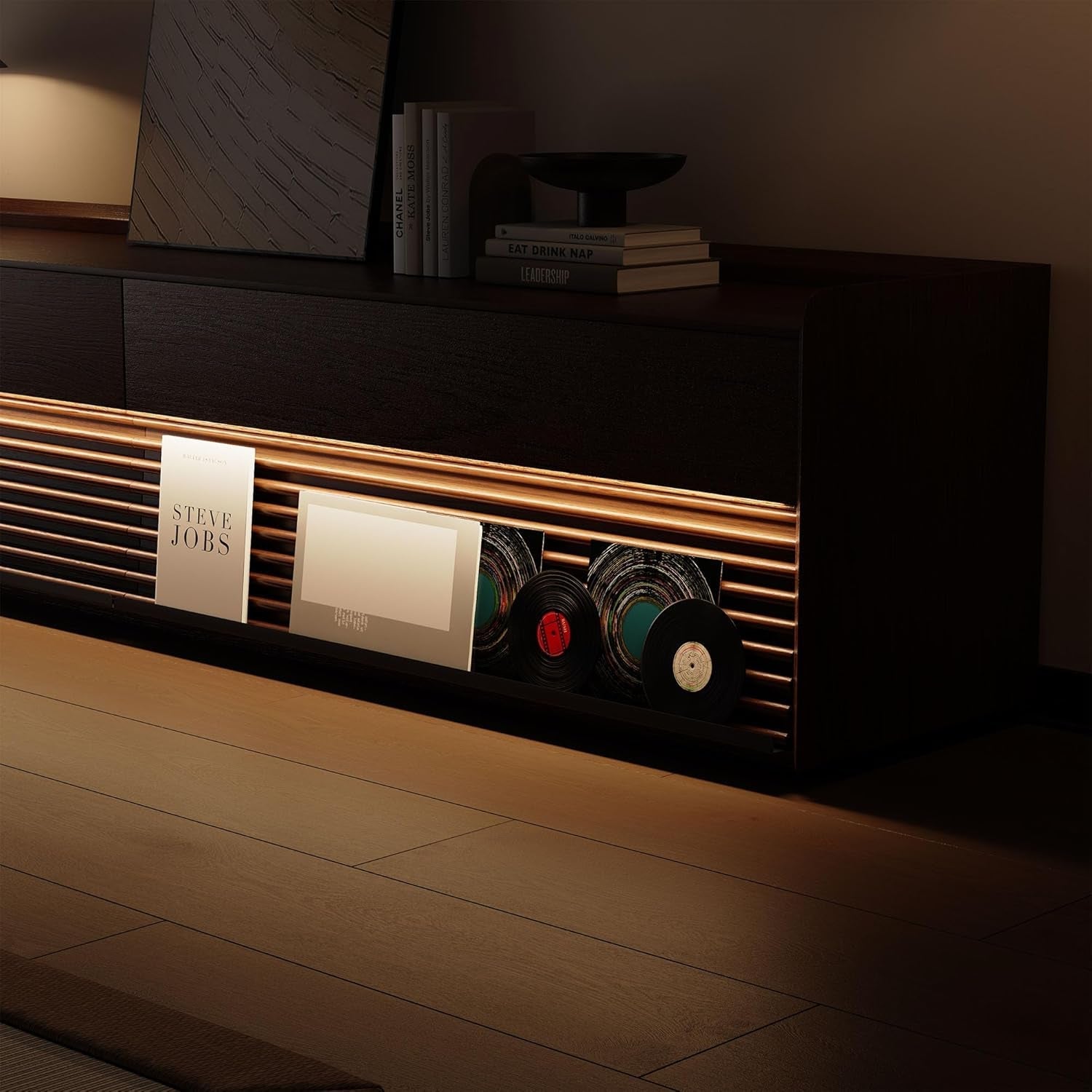 Mid Century Modern TV Stand, 78.74" Entertainment Center with LED Light, Walnut Solid Wood TV Console for Living Room, TV Stand with Storage-4