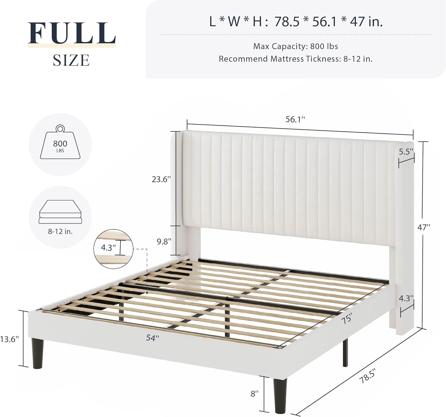 White Velvet Full Bed Frame Wingback, Easy Assembly.-2