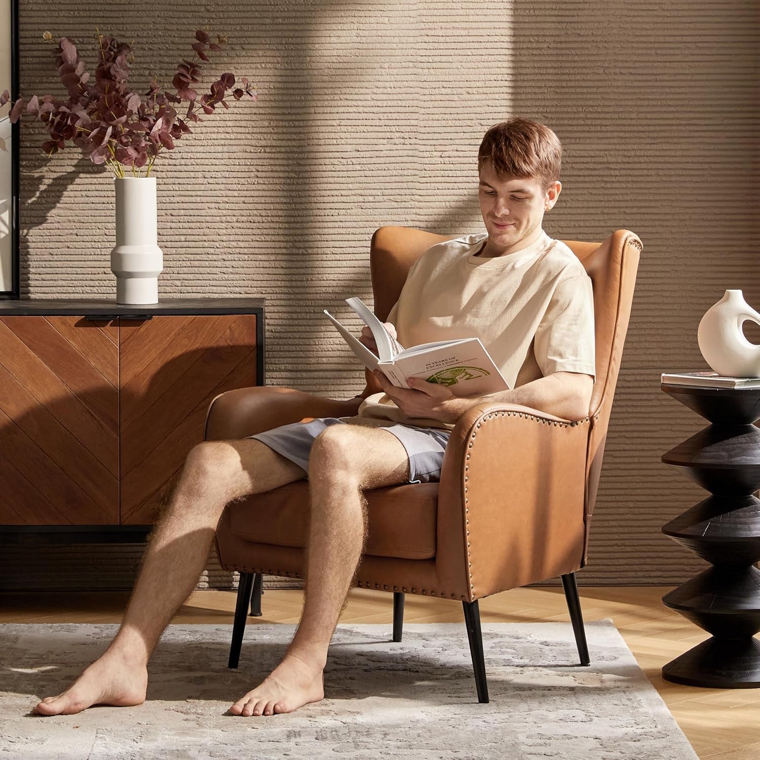 Faux Leather Wingback Accent Chair With Nailhead Trim-3