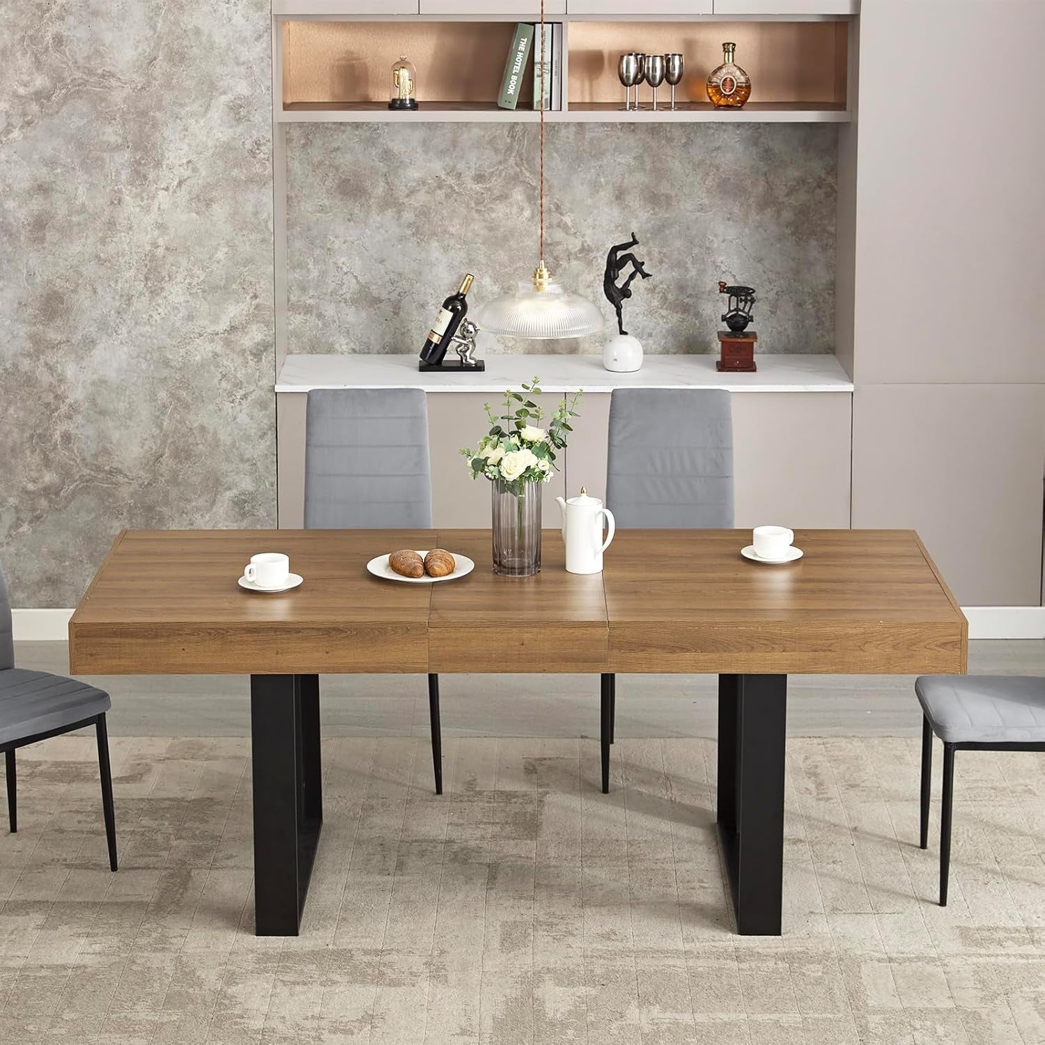 63”-79” Extendable Dining Room Table, Modern Farmhouse Wooden Kitchen Table, Long Expandable Dining Table for 6 8 10, Large Expanding Table Conference Table (Walnut Brown) (Walnut Brown)-3