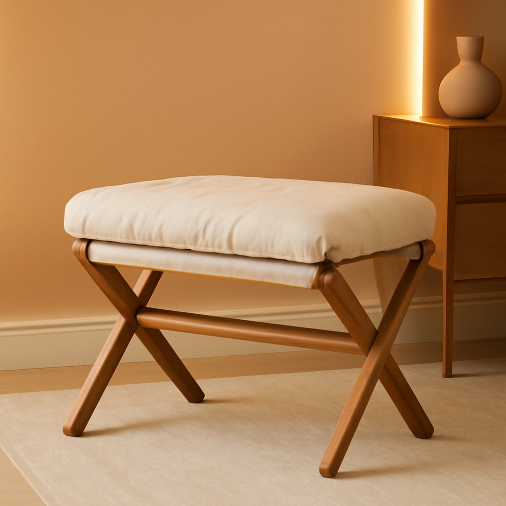 Bamboo Foldable Ottoman Foot Rest Beige Upholstered-0