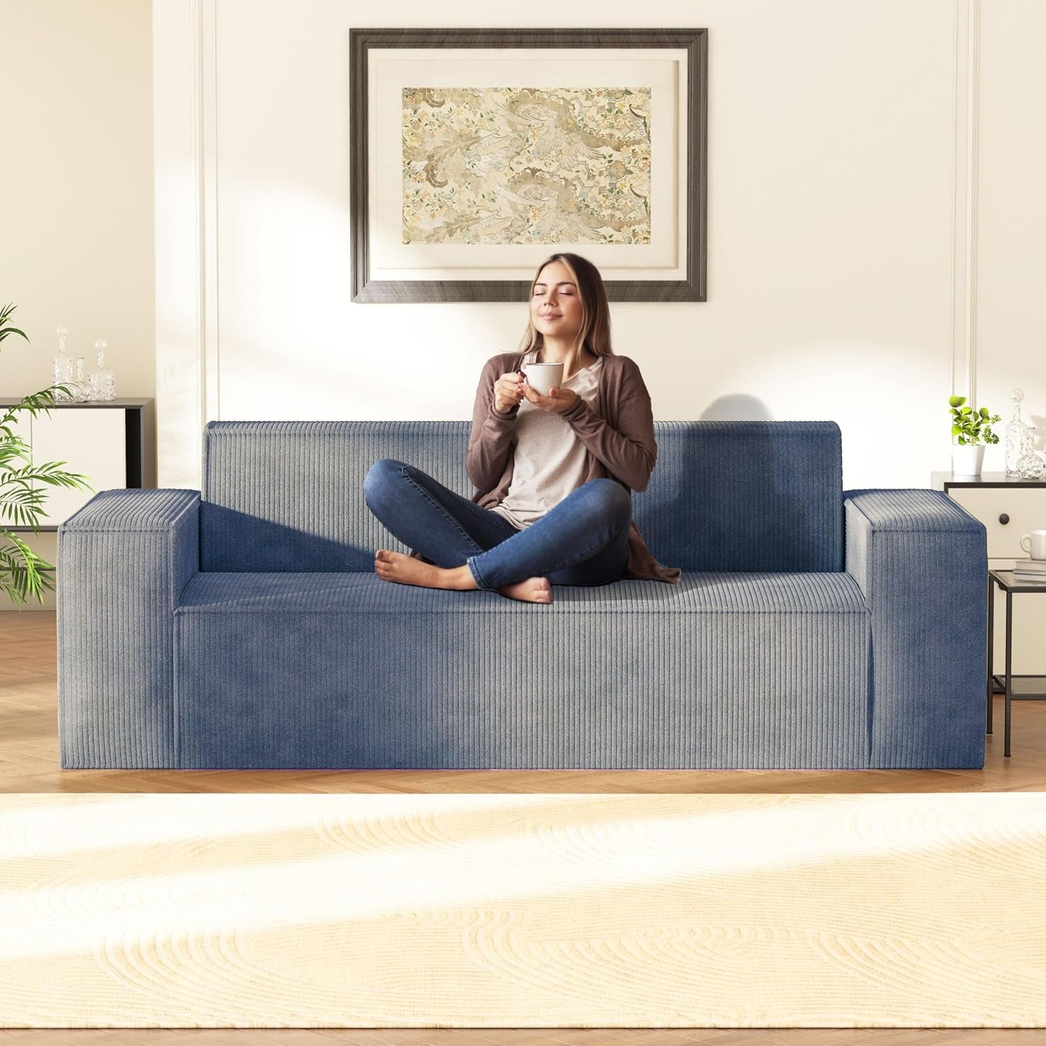 Sofa-In-A-Box, Memory Foam 3-Seater Couch, No Installation & Easy to Transport, Deep Seat Modern Sofa with Corduroy Fabric, Couch for Living Room, Bedroom, Apartment, Home Office,Grey-2