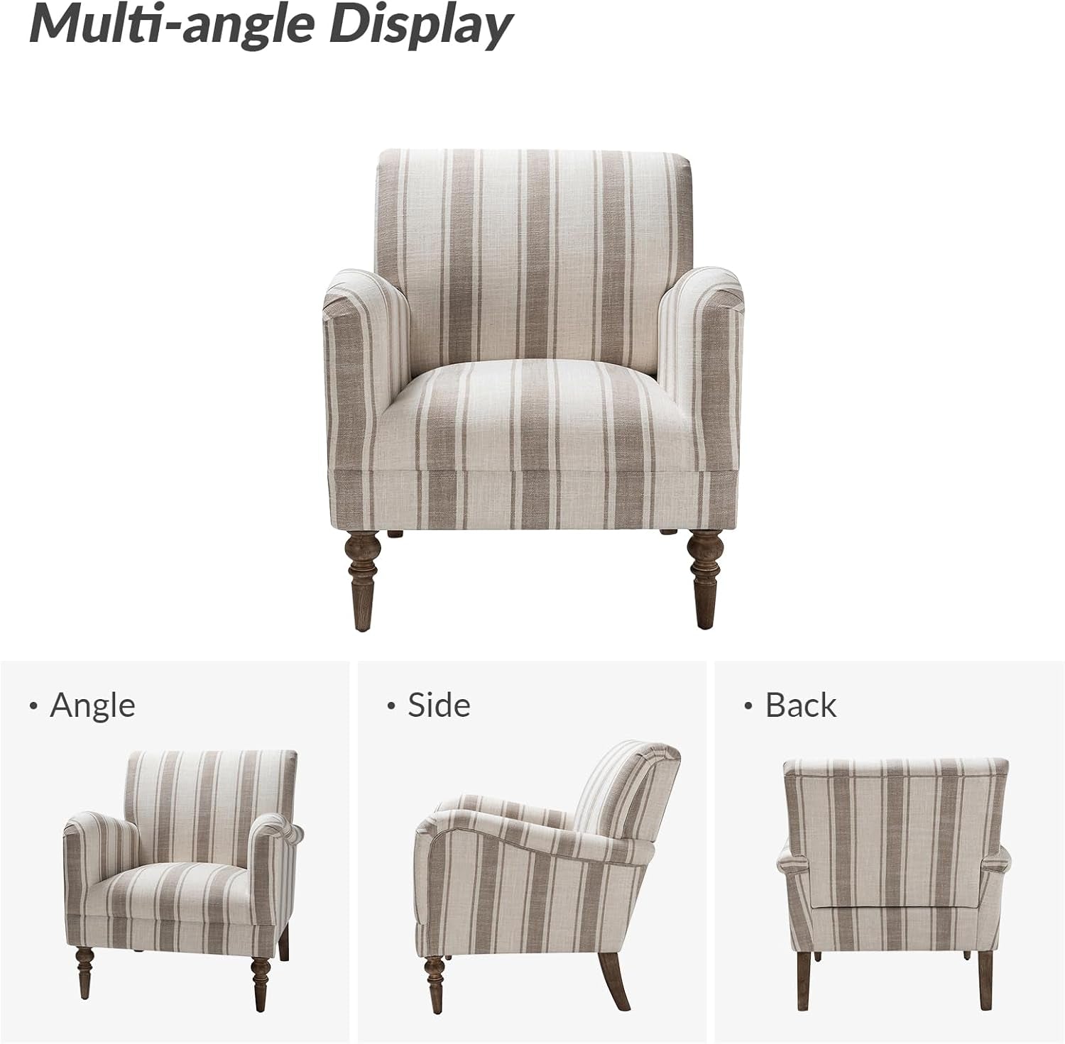 Tan Stripe Accent Chair With Arms And Wooden Legs Modern-2