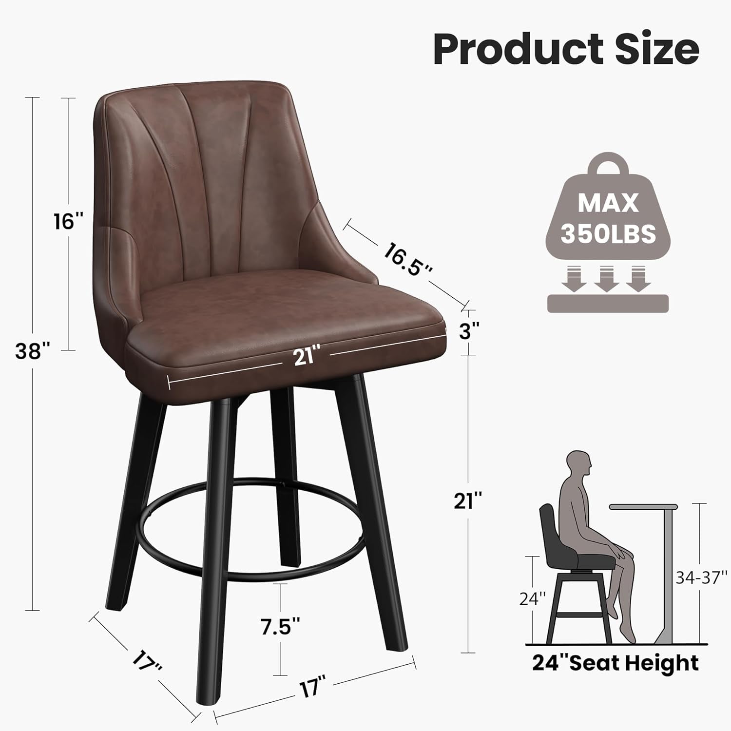 Counter Height Swivel Bar Stool, 24" Upholstered PU Leather Barstools Set of 3, Counter Stool Chair with Back & Solid Wood Legs for Kitchen Island Dining Room (Brown)-1