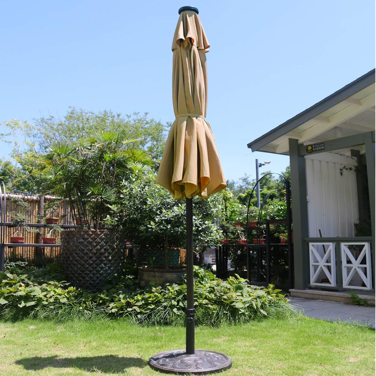 9 Ft Solar LED Lighted Patio Umbrella With Tilt And Crank Lift Light Tan-2