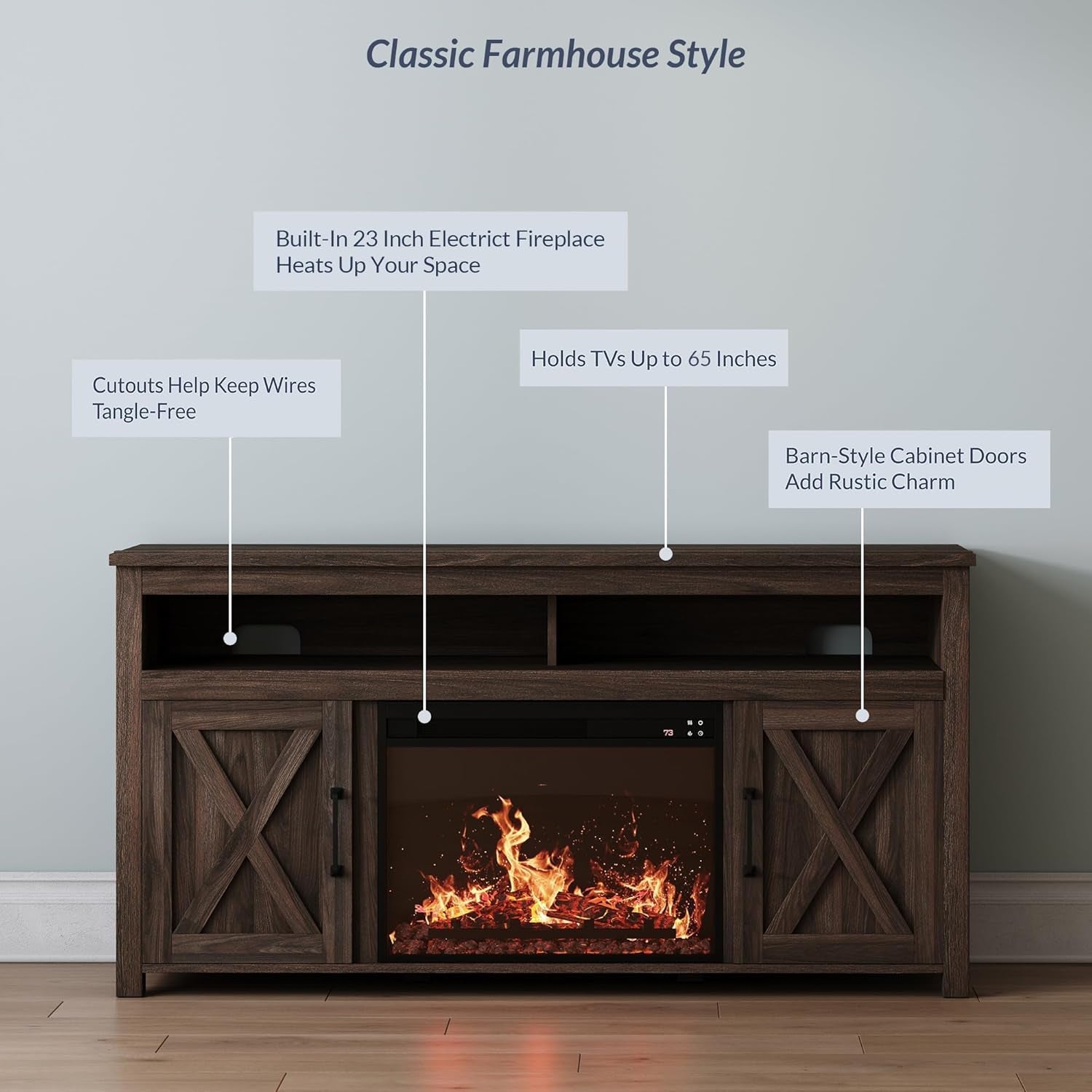 65" Barn Door Fireplace TV Stand Dark Walnut-3