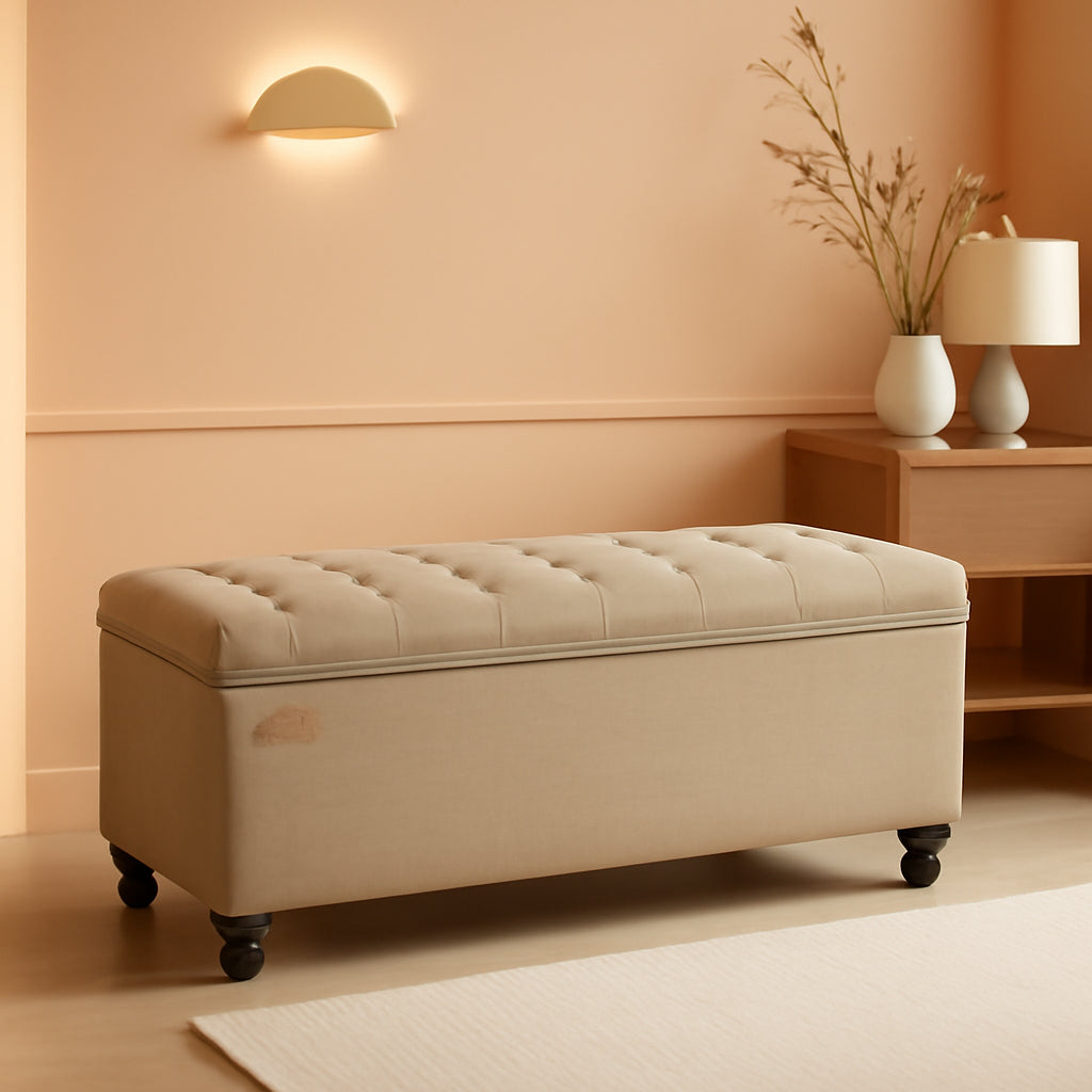Camel Brown Linen Storage Ottoman Bench Reinforced-0