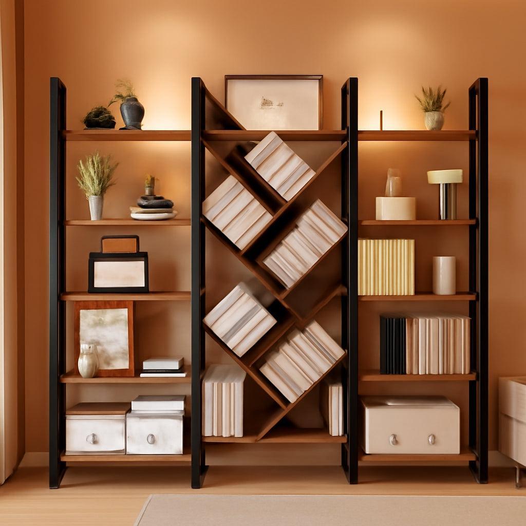 Rustic Brown Triple 5 Tier Wooden Bookcase With Metal Frame-0