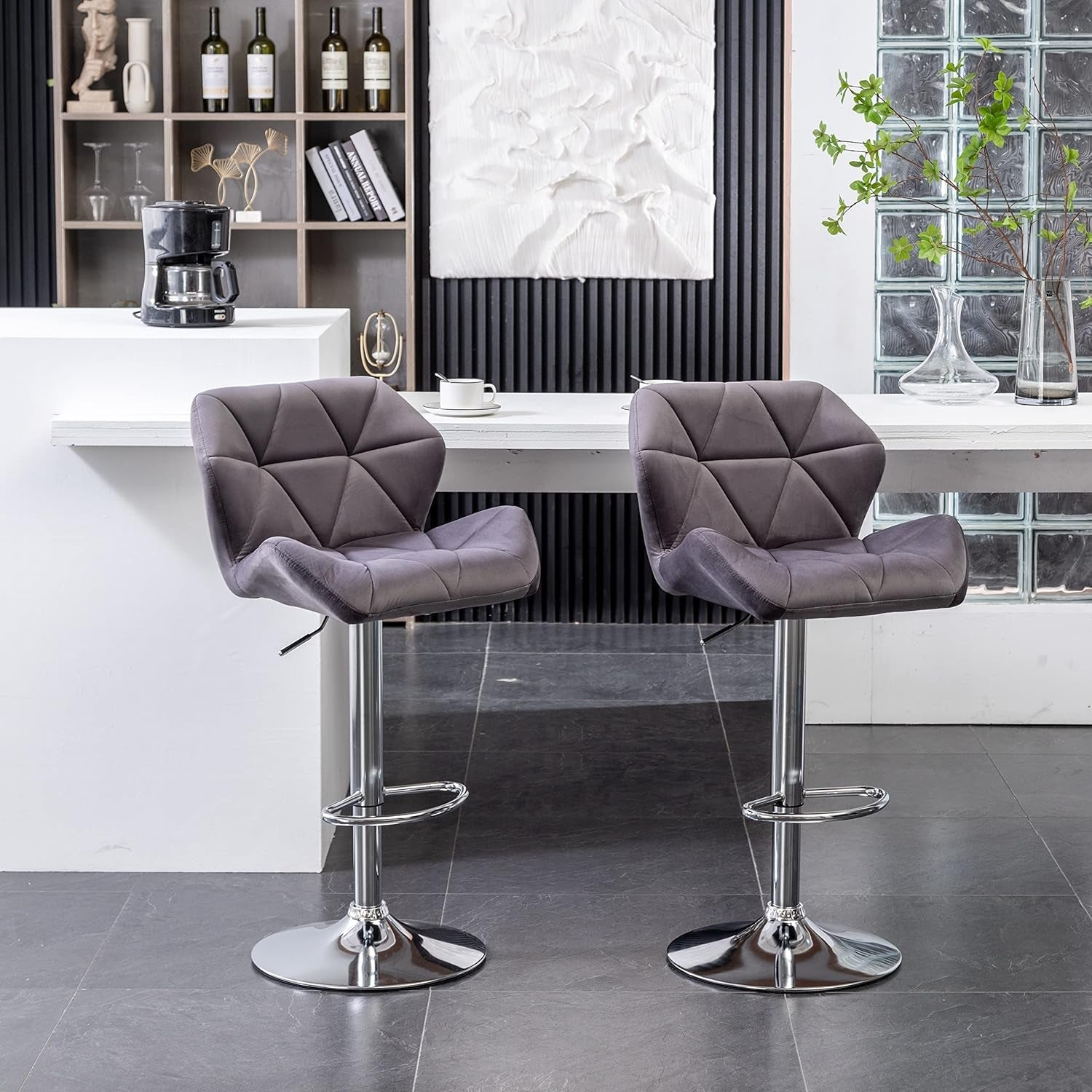 Breni Velvet Diamond Tufted Swivel Adjustable Height Bar Stool Set Of 2 Gray-4