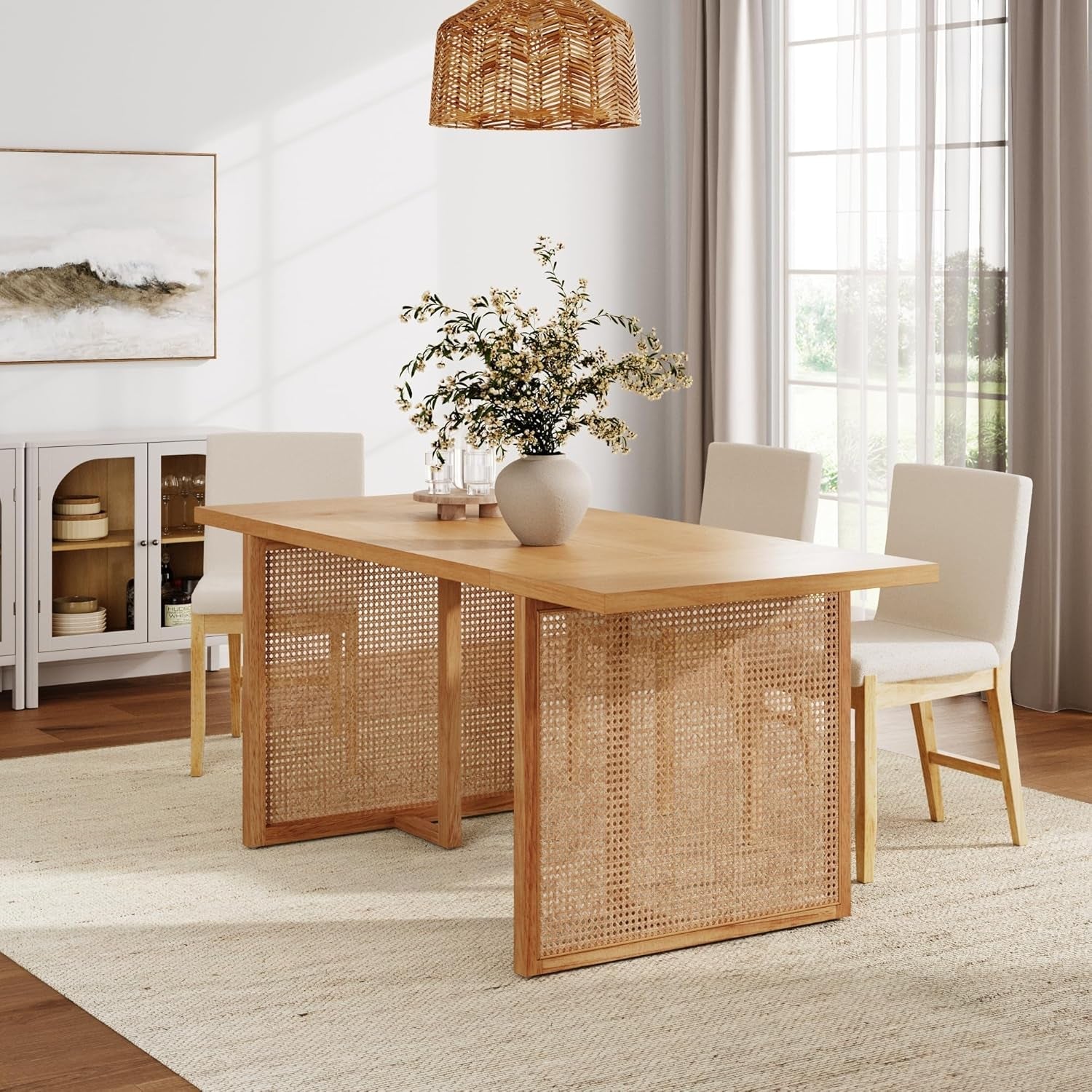 Willow Boho Dining Table for 6 with Solid Wood Legs, 6-Person Natural Wood Dining Table, Warm Pine or Brown Dining Table with Bohemian Rattan Accent-0