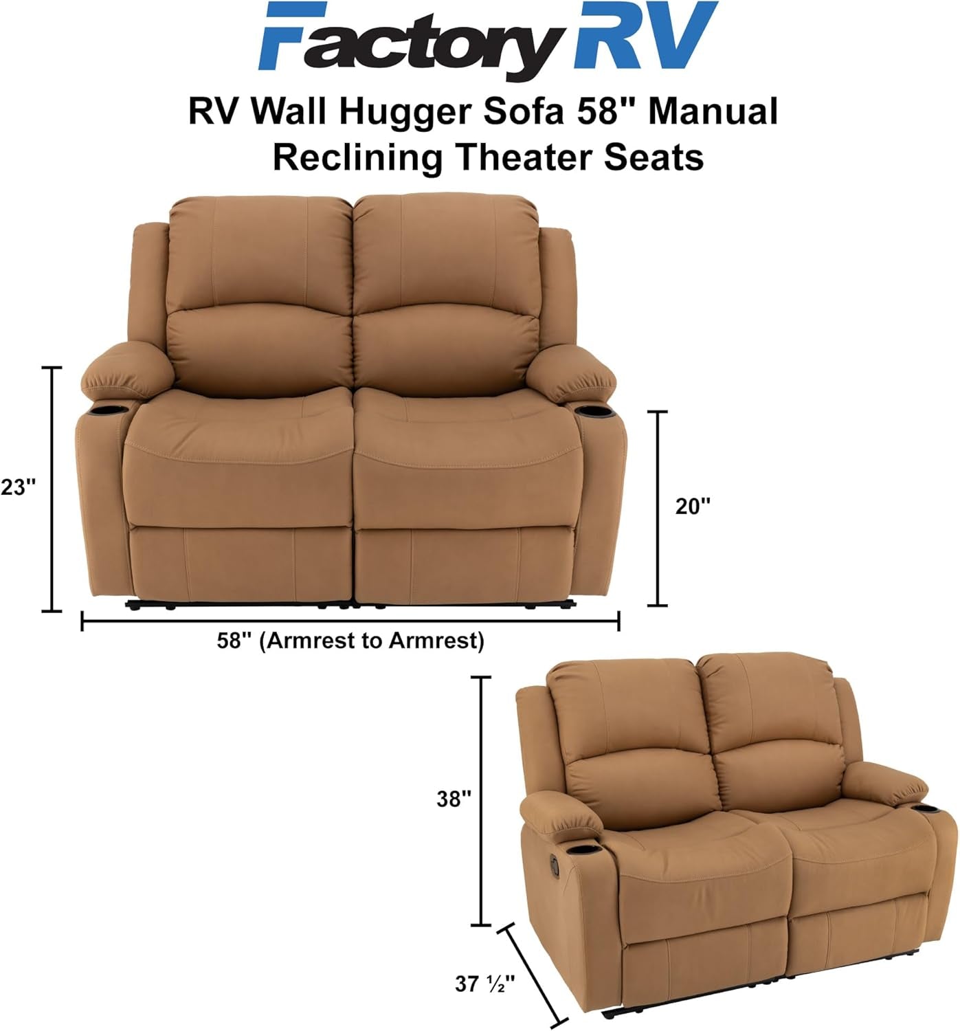 58" Wall Hugger Reclining RV Theater Seats | Double Recliner RV Sofa | RV Couch | Wall Hugger Recliner | RV Theater Seating | RV Furniture (Manual, Sand)-2