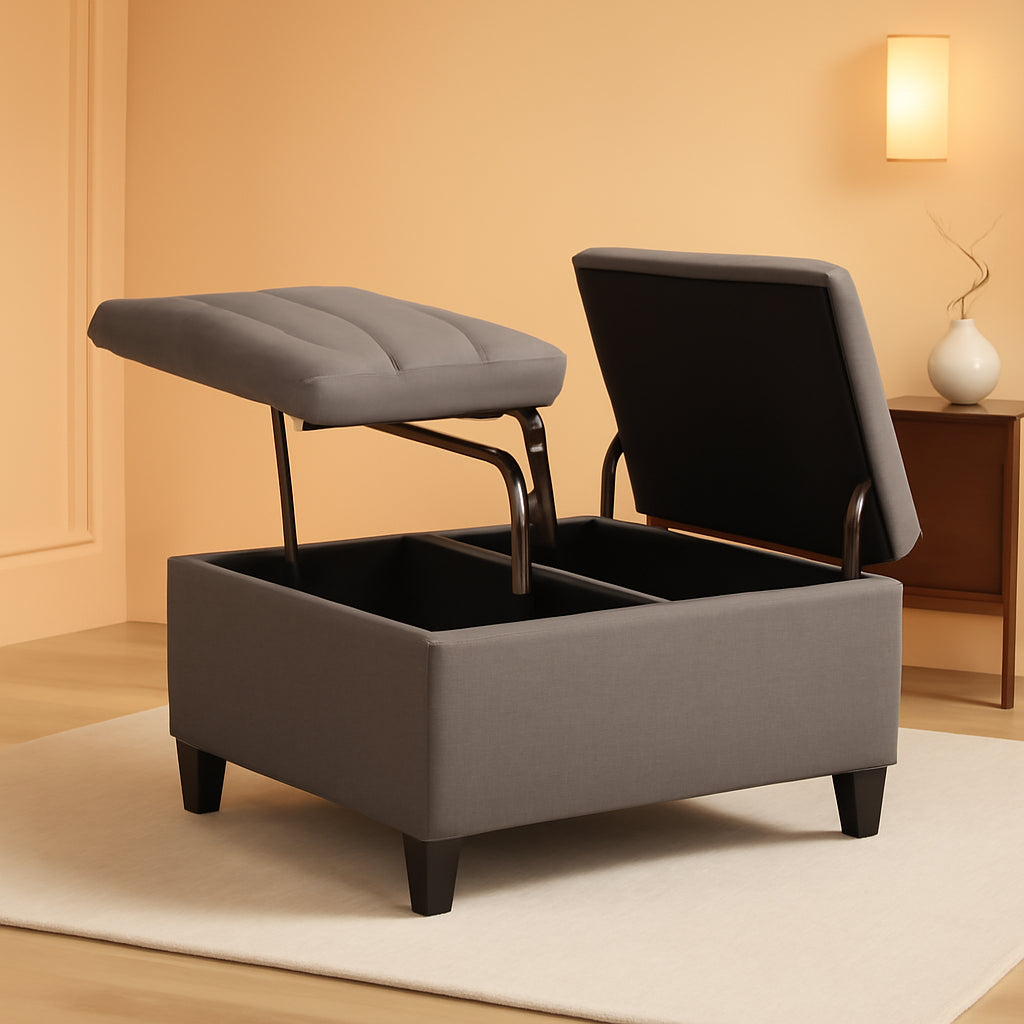 Slate Grey Linen Upholstered Lift Ottoman StorageCompartment-0