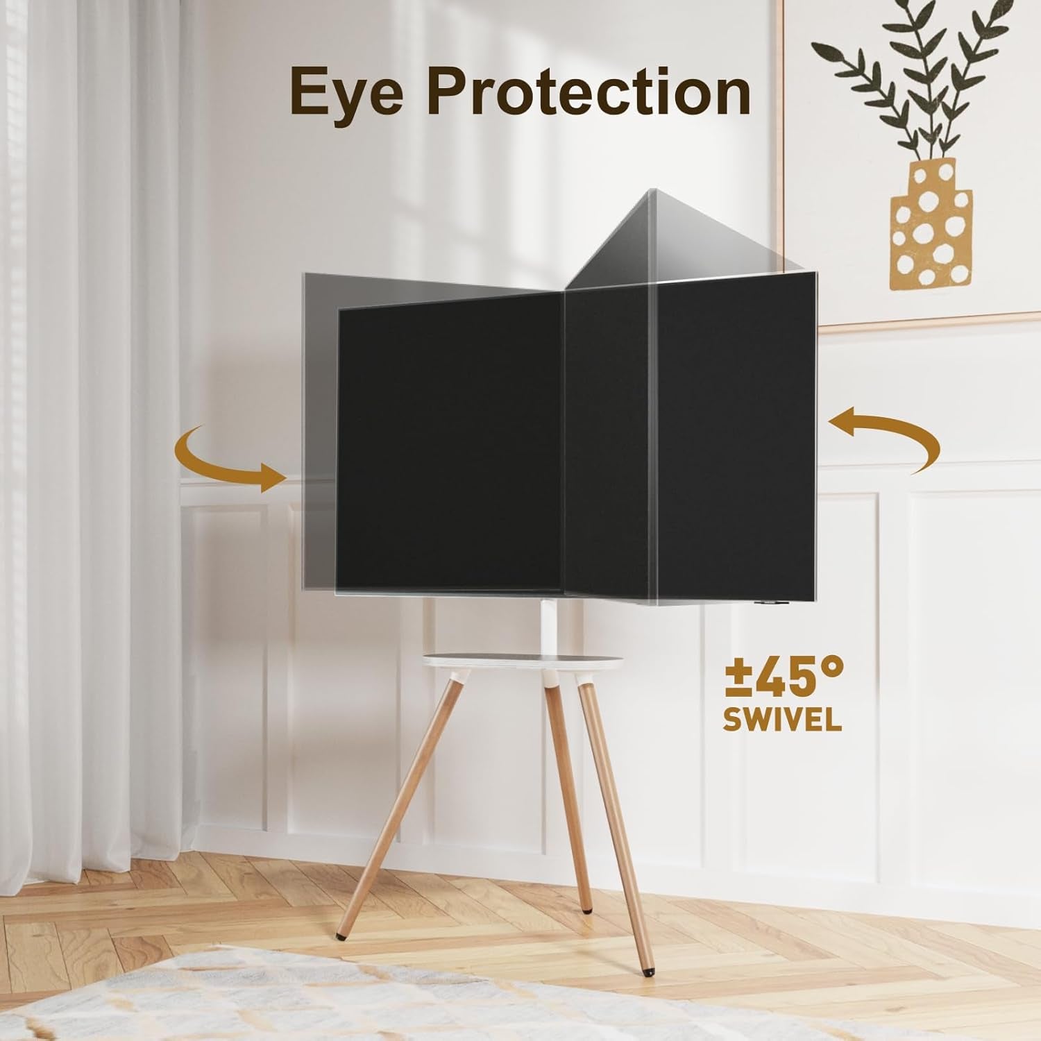 Tripod Easel TV Stand for 40 to 65 Inch LCD LED OLED Screen, Height Adjustable and Swievel Floor TV Stand, Corner TV Stand with Wooden Tray, VESA 400X400Mm, Minimalist White-3