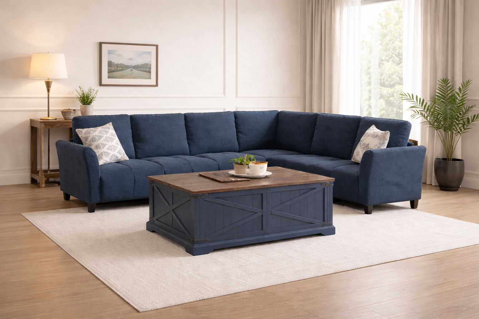 103 Inch Blue L-Shaped Sectional Sofa with Lift Top Storage Coffee Table Set-2