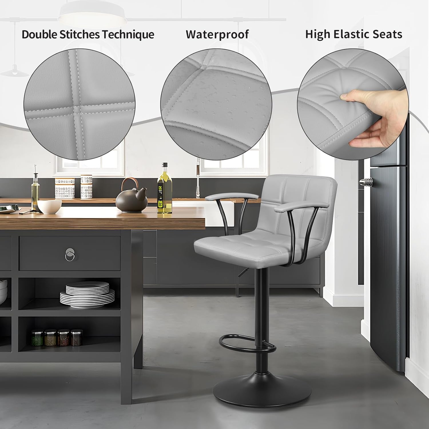 Bar Stools 2 Adjustable Swivel With Back Grey PU Leather-4