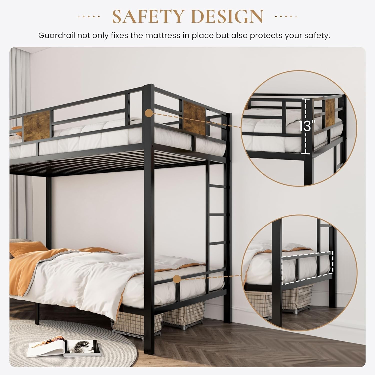 Loft Bunk Bed Twin over Twin Size with Ladder and Guardrail,Rustic Design,Metal Slats Support No Box Spring Needed Small Space Saving Furniture for Bedroom Dorm-3