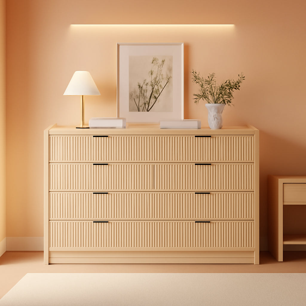 Natural Oak Fluted 8 Drawer Dresser 55 Inch Wide Bedroom-0