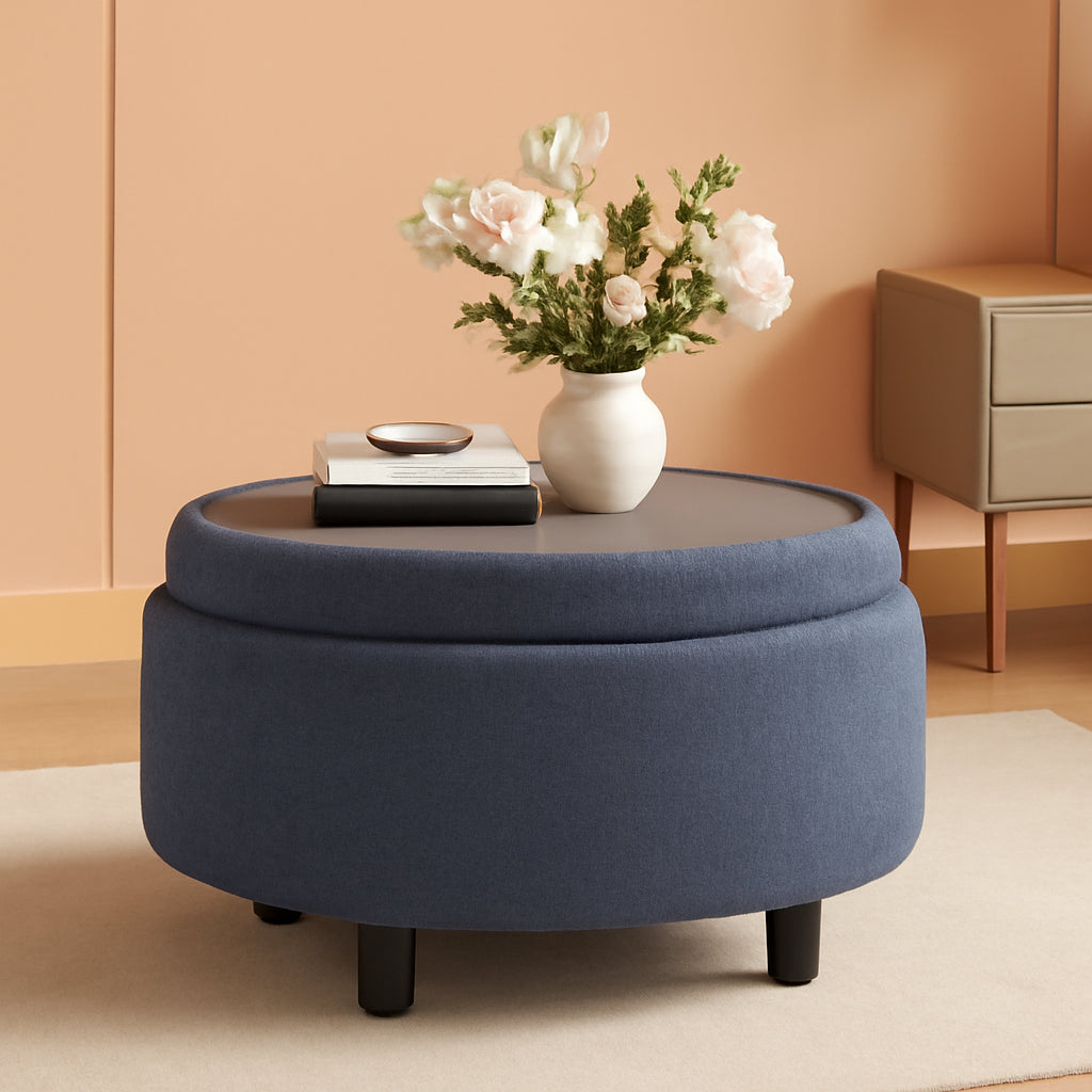 Blue Upholstered Circular Storage Ottoman With Tray-0