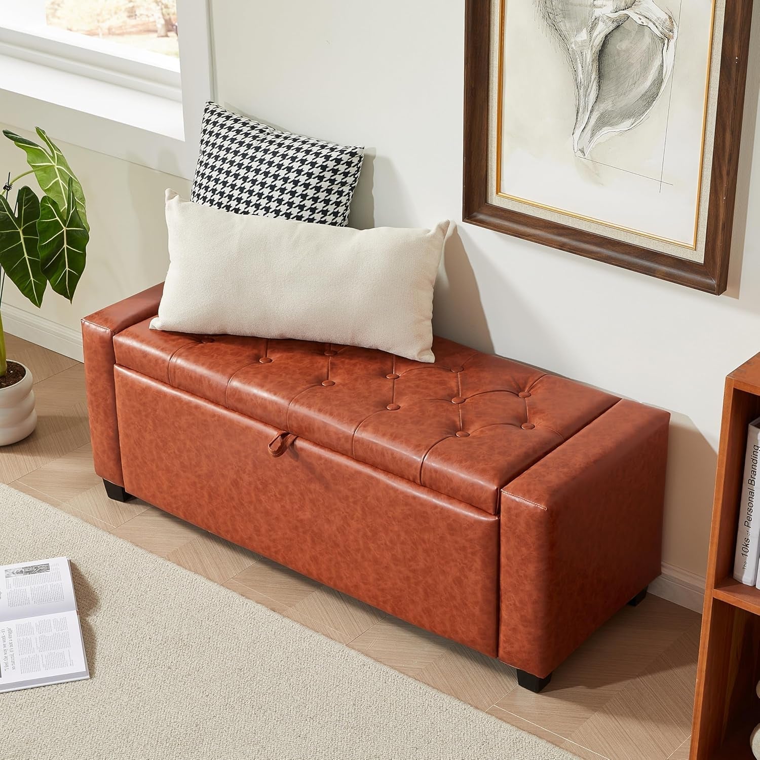 Storage Ottoman Tufted Leather Reddish Brown Bench-3