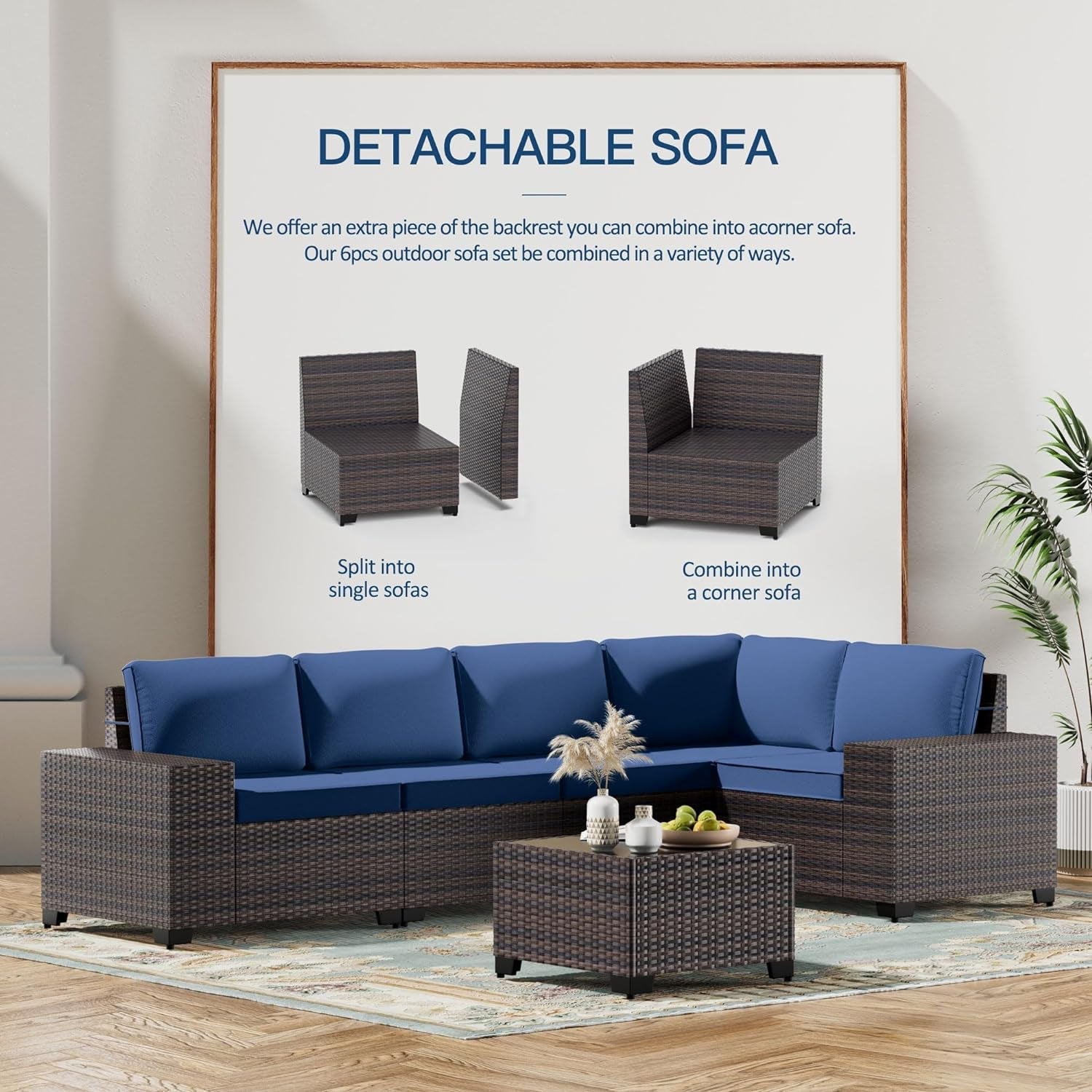 Navy Blue 6 Piece Outdoor Patio Sectional Sofa Set With PE Rattan-4