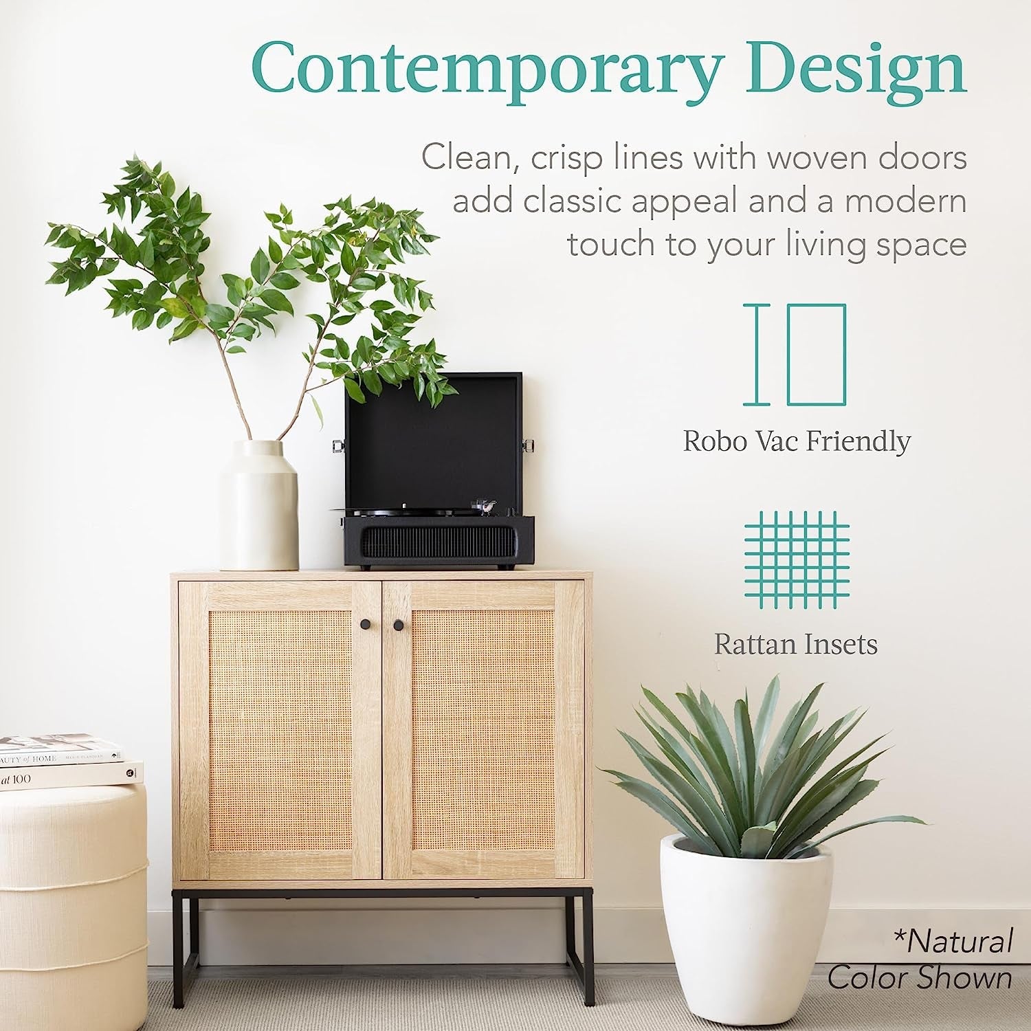 2-Door Rattan Storage Cabinet, Accent Furniture, Multifunctional Cupboard for Living Room, Hallway, Kitchen, Sideboard, Buffet Table W/Non-Scratch Foot Pads - Natural-4