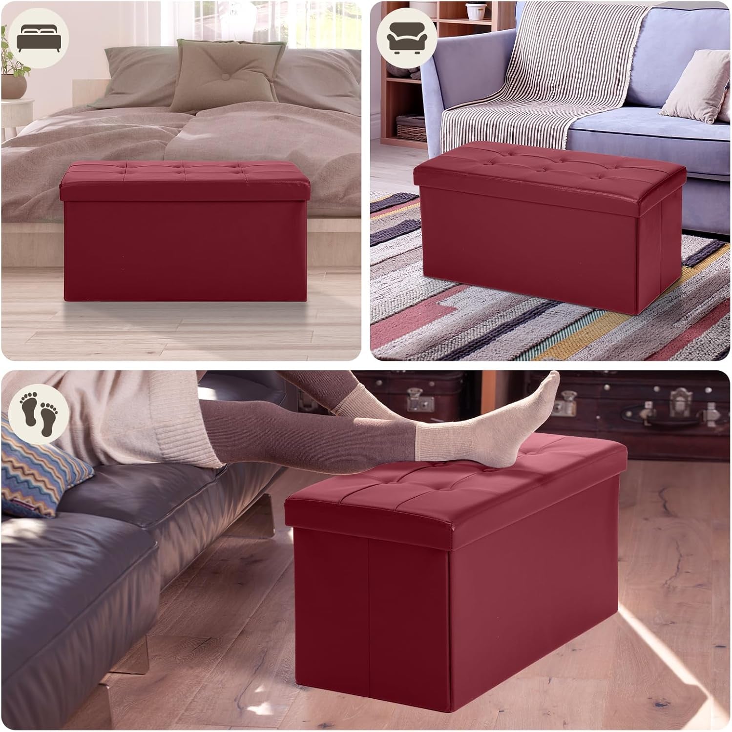 Ottoman Storage Bench 30x15x15 Inches Burgundy Leather-3