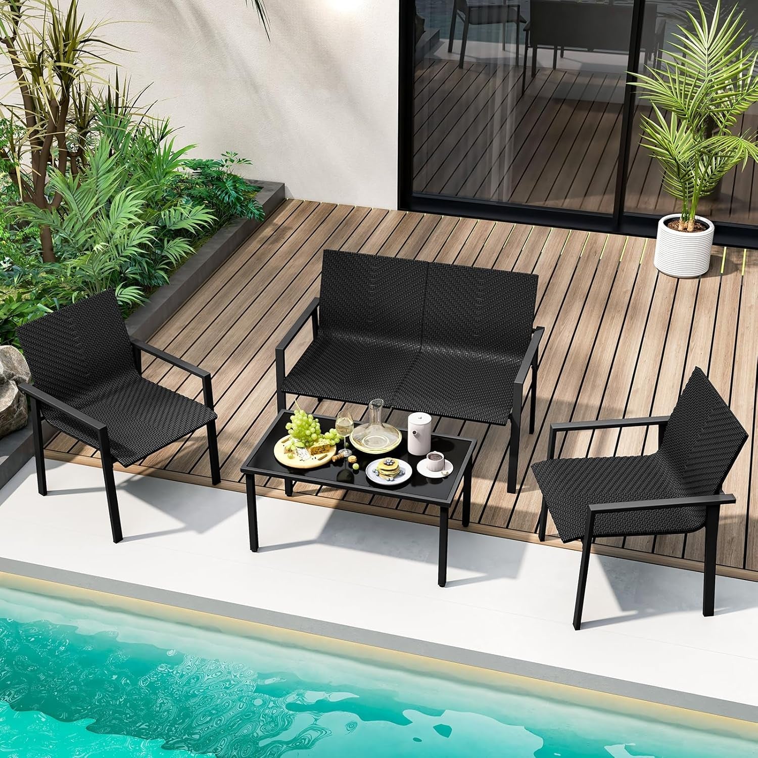 4 Piece Wicker Patio Conversation Set Black Coffee Table-3